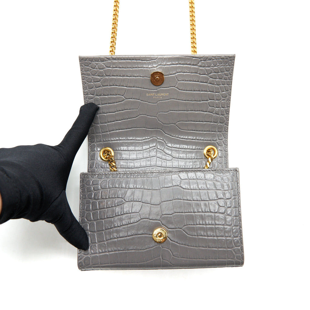 SAINT LAURENT/YSL KATE TASSEL CROC EMBOSSED CALFSKIN GREY GHW