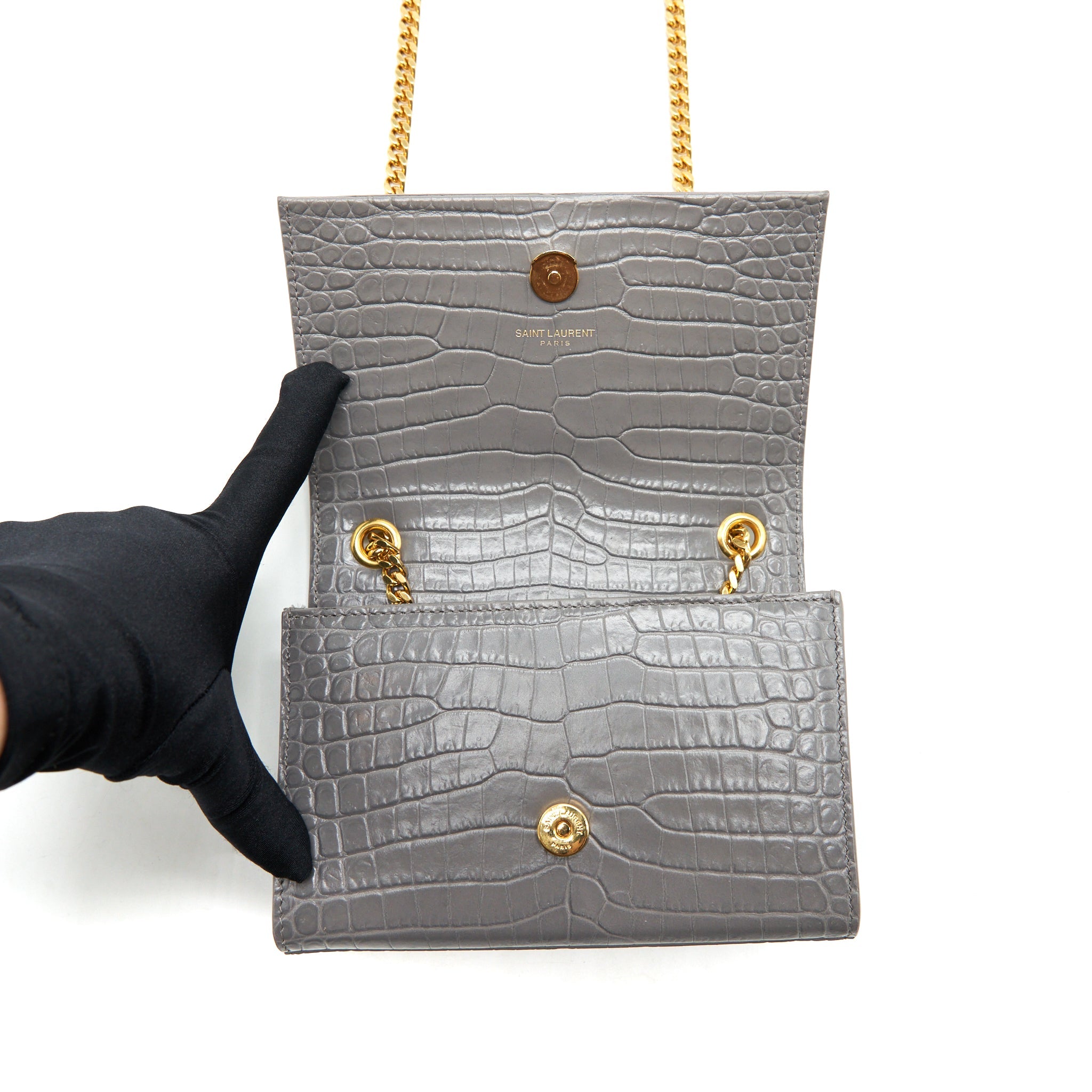 SAINT LAURENT/YSL KATE TASSEL CROC EMBOSSED CALFSKIN GREY GHW