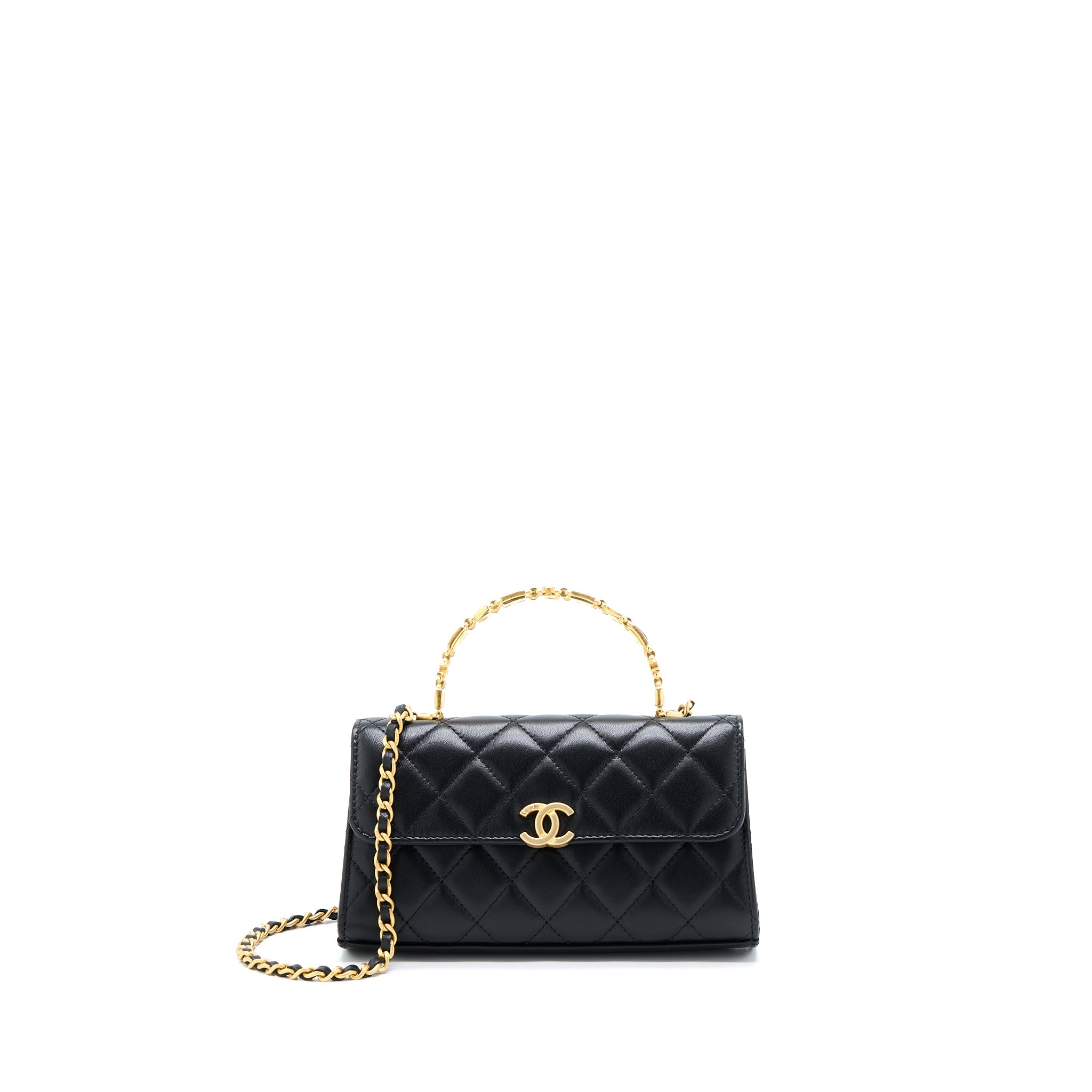 CHANEL 22B FLAP BAG WITH ENAMEL TOP HANDLE LAMBSKIN BLACK GHW
