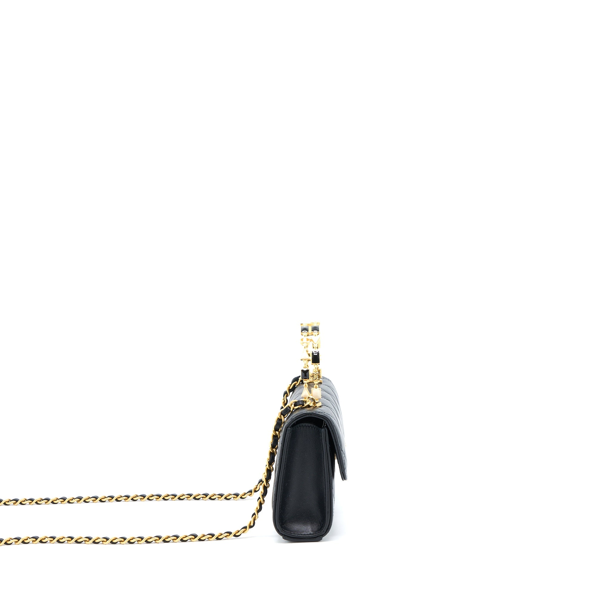 CHANEL 22B FLAP BAG WITH ENAMEL TOP HANDLE LAMBSKIN BLACK GHW
