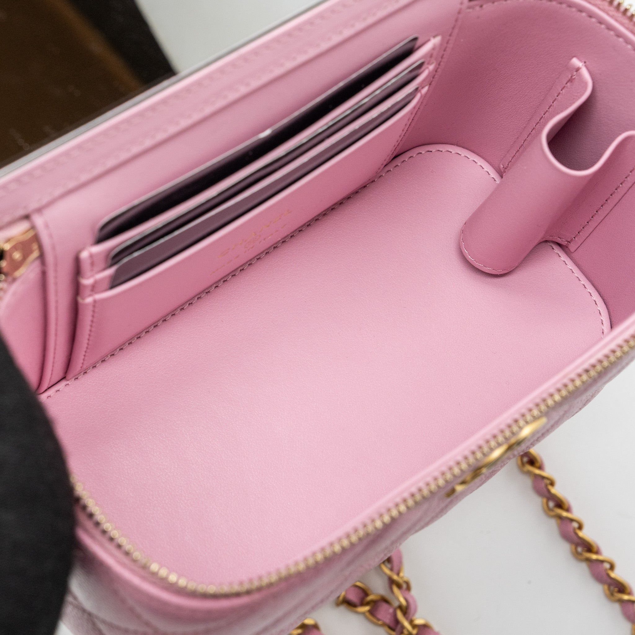 CHANEL LETTER TOP HANDLE LONG VANITY WITH CHAIN CAVIAR PINK GHW