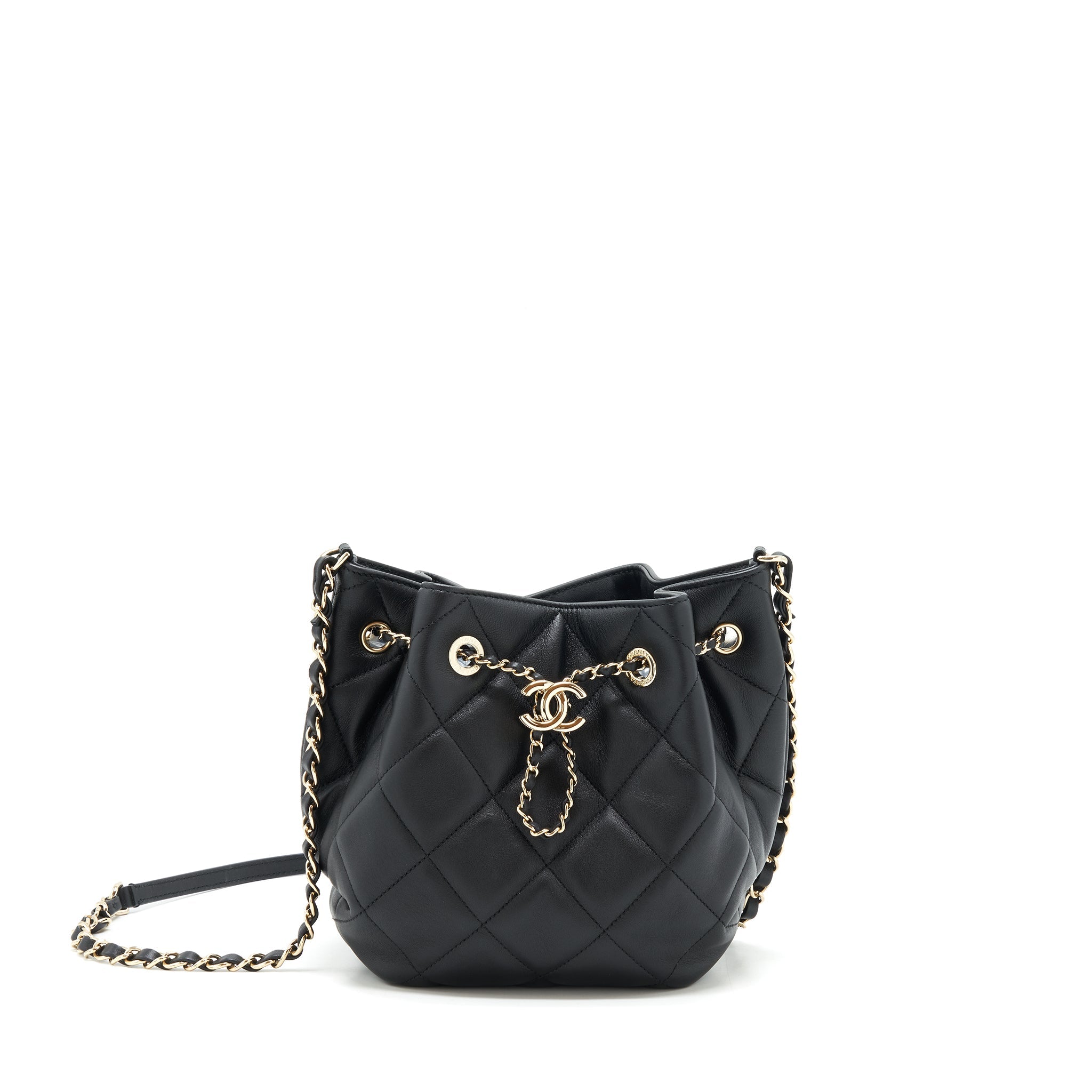 CHANEL DRAWSTRING BUCKET BAG QUILTED LAMBSKIN BLACK LGHW