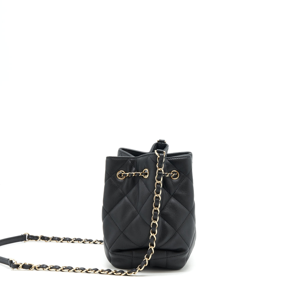 CHANEL DRAWSTRING BUCKET BAG QUILTED LAMBSKIN BLACK LGHW