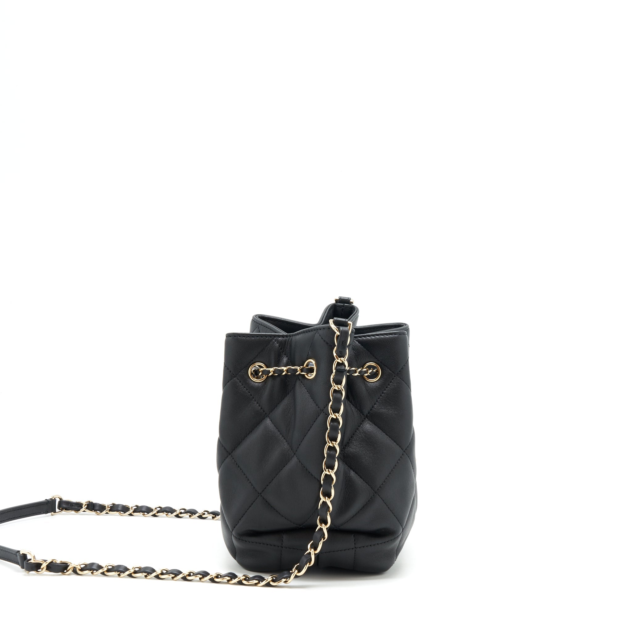 CHANEL DRAWSTRING BUCKET BAG QUILTED LAMBSKIN BLACK LGHW