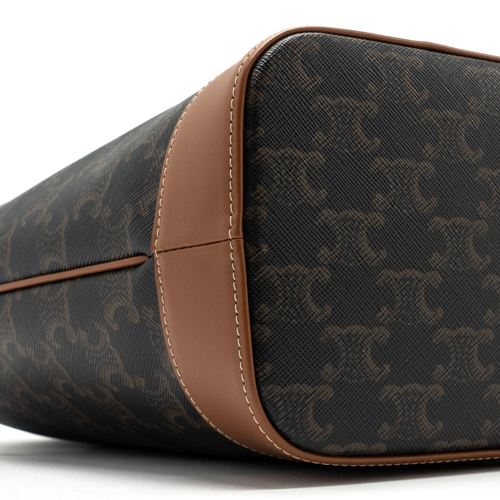 CELINE SMALL BUCKET IN TRIOMPHE CANVAS AND CALFSKIN TAN GHW