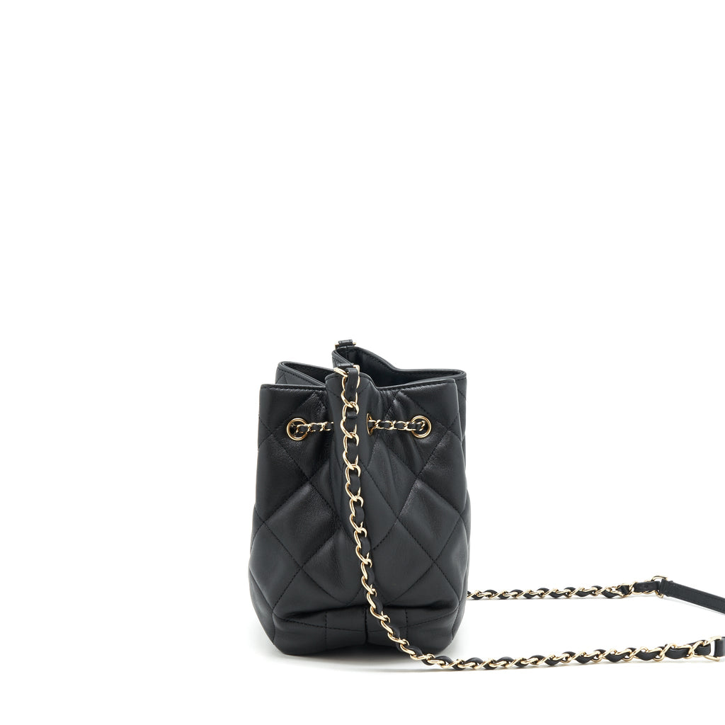 CHANEL DRAWSTRING BUCKET BAG QUILTED LAMBSKIN BLACK LGHW