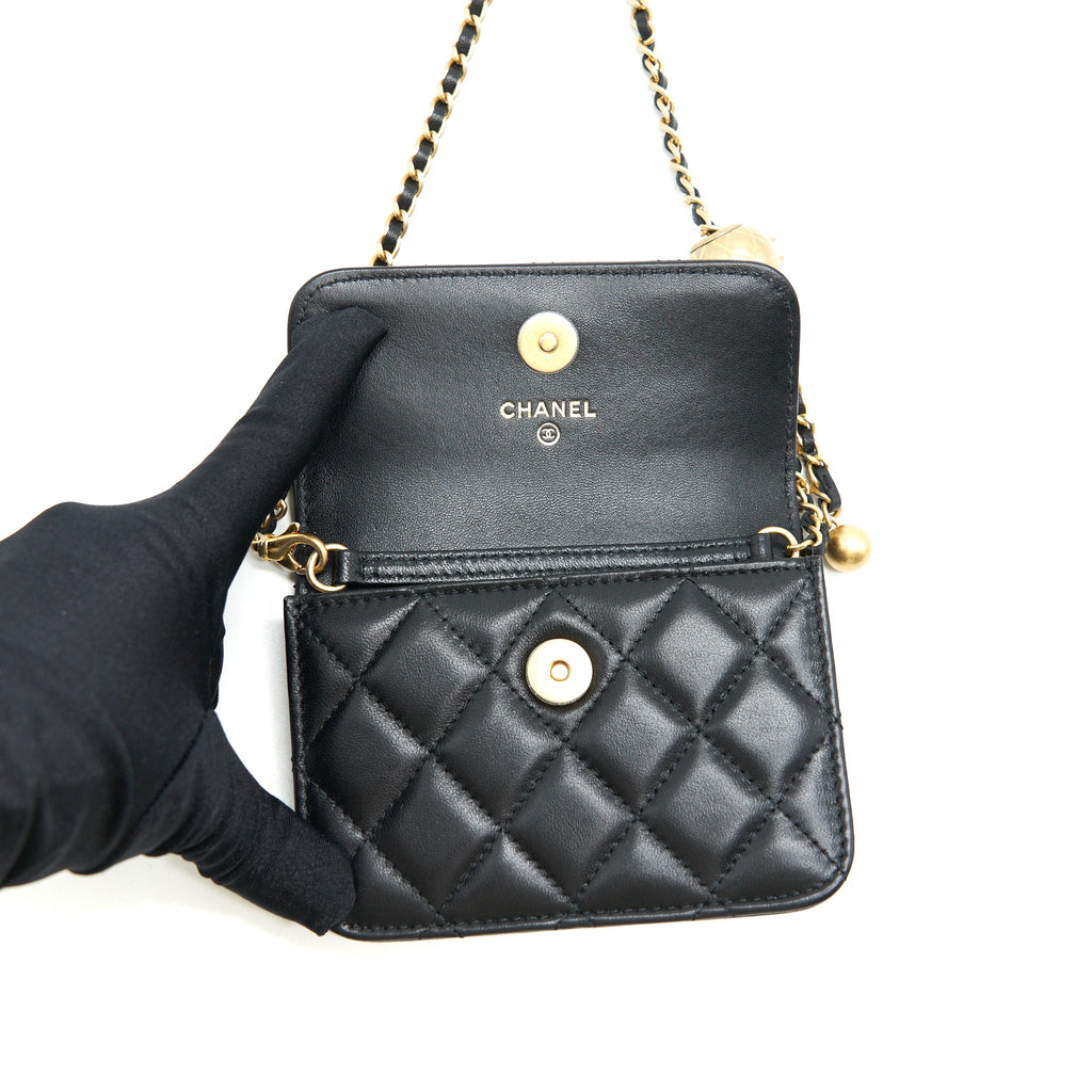 CHANEL PEARL CRUSH MINI BELT COINS PURSE/ CARD HOLDER BLACK GHW