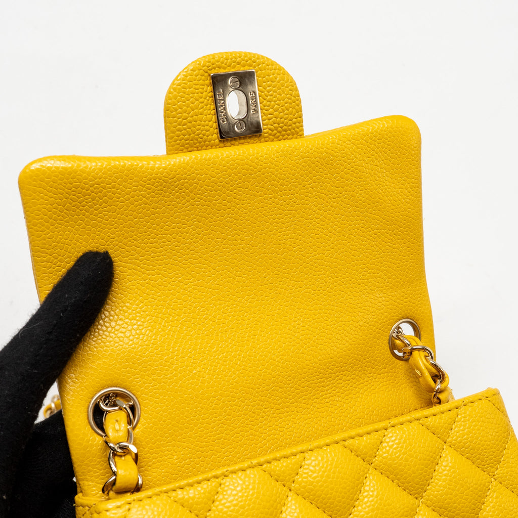 CHANEL CLASSIC MINI SQUARE FLAP BAG CAVIAR YELLOW LGHW