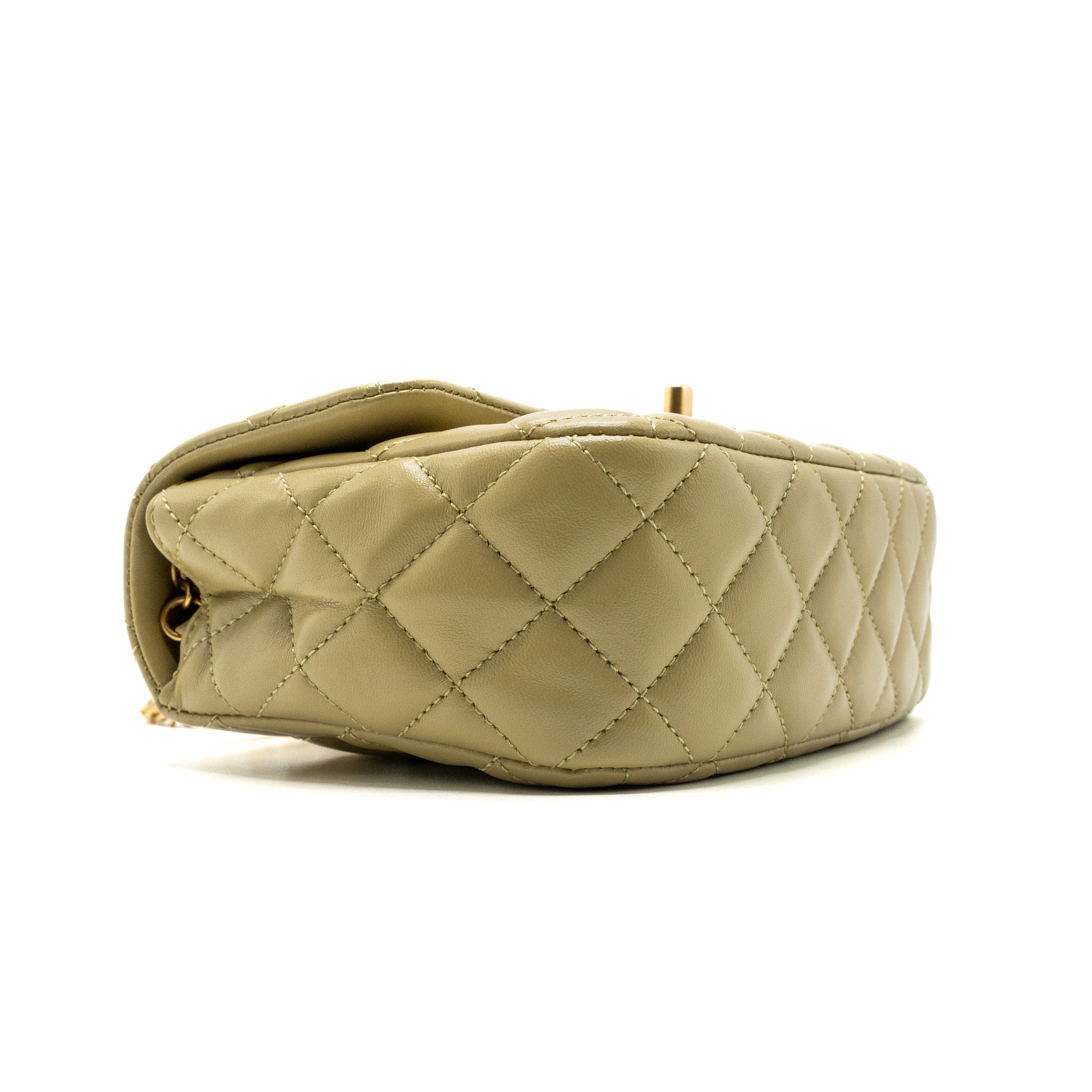 CHANEL QUILTED FLAP BAG WITH COCO LOVE CHAIN LAMBSKIN KHAKI GREEN GHW(MICROCHIP)