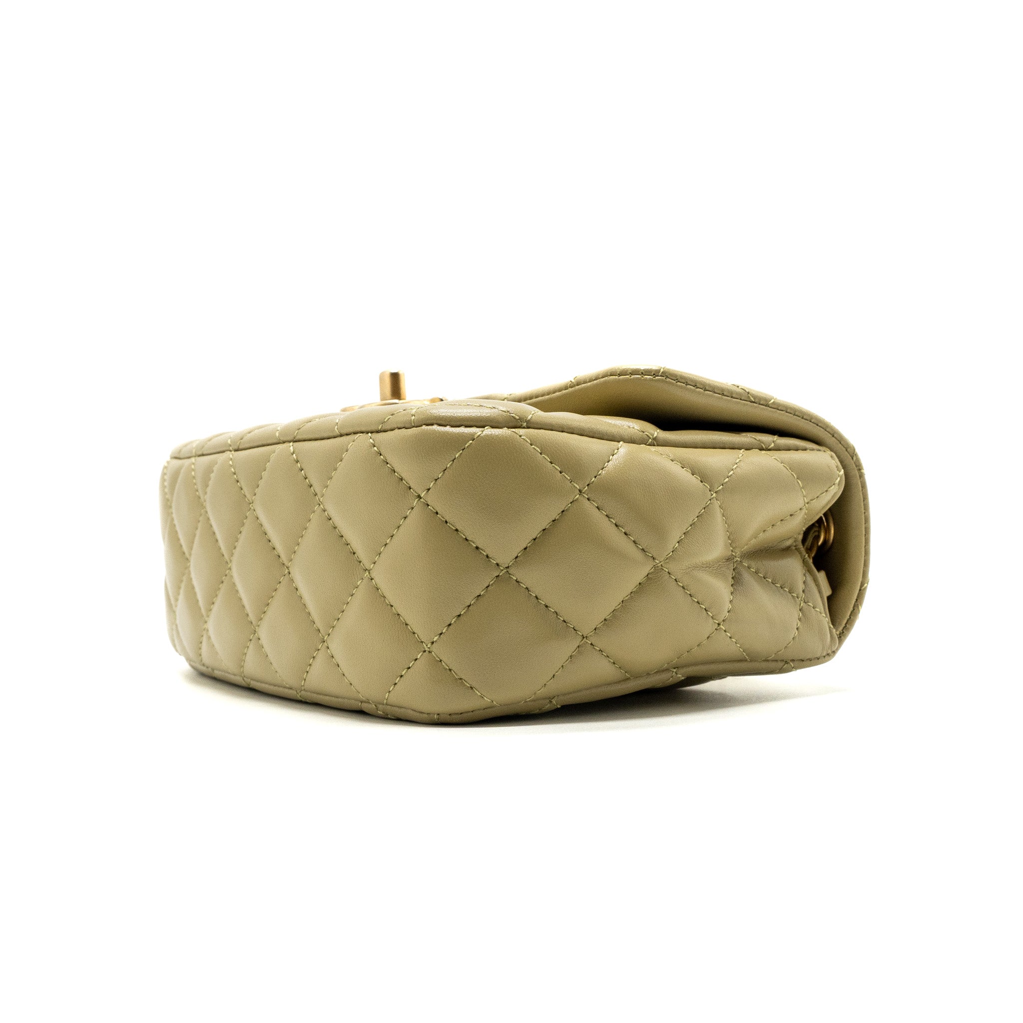 CHANEL QUILTED FLAP BAG WITH COCO LOVE CHAIN LAMBSKIN KHAKI GREEN GHW(MICROCHIP)