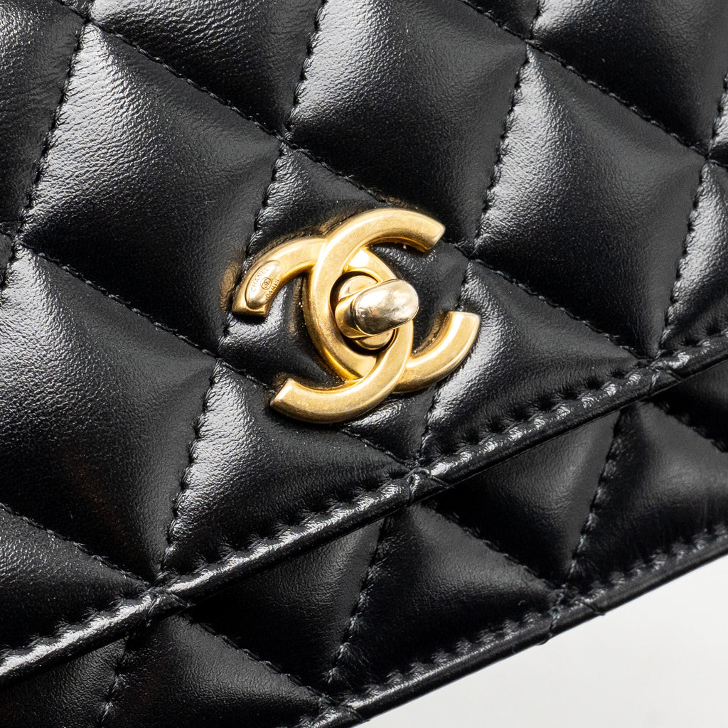 CHANEL TOP HANDLE MINI WALLET ON CHAIN CALFSKIN BLACK GHW(MICROCHIP)