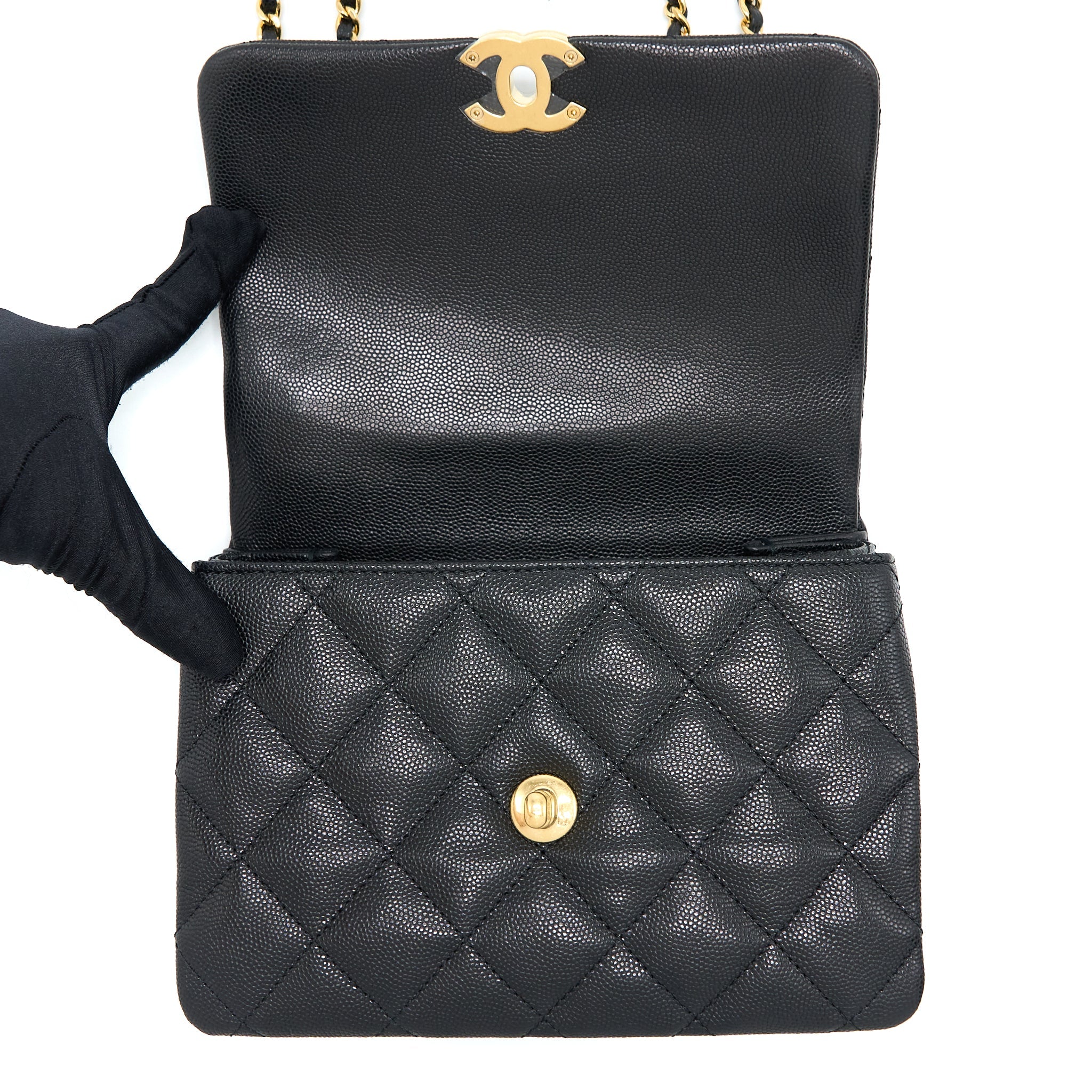 CHANEL 22K COCO FIRST FLAP BAG GRAINED CALFSKIN BLACK GHW(MICROCHIP)