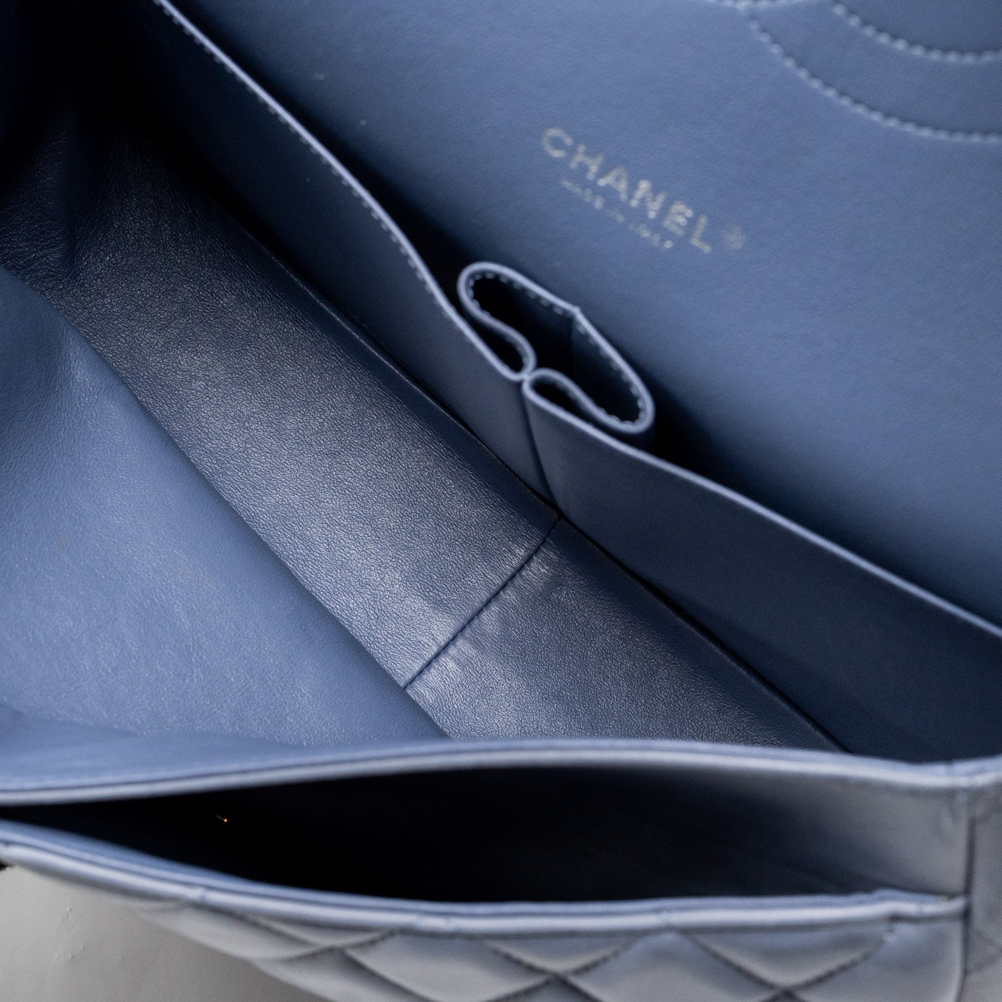 CHANEL MAXI CLASSIC DOUBLE FLAP BAG LAMBSKIN LAVENDER BLUE SHW