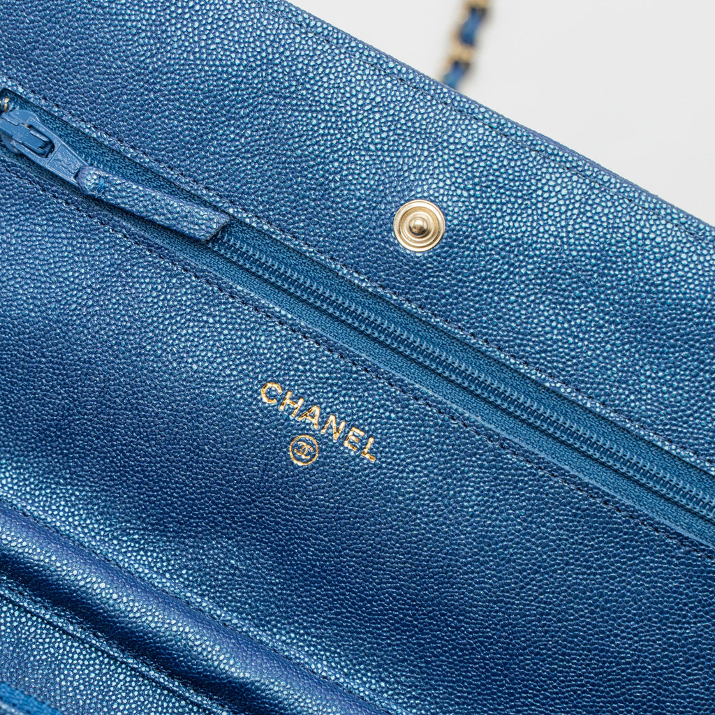 CHANEL CLASSIC WALLET ON CHAIN CAVIAR IRIDESCENT BLUE LGHW