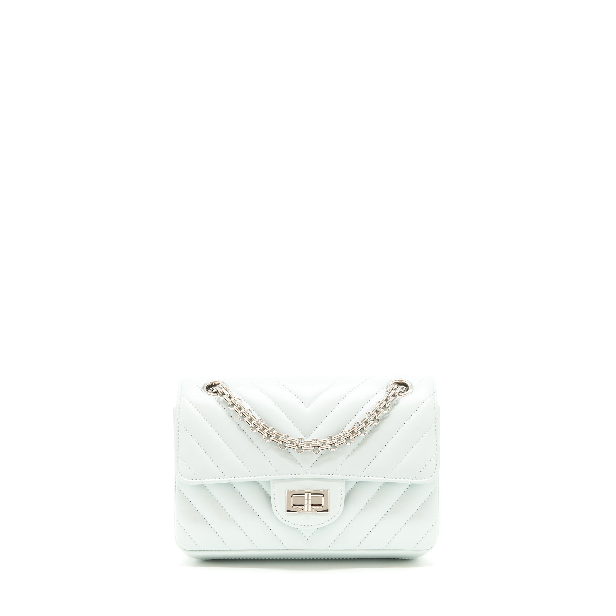 CHANEL CHEVRON MINI 2.55 REISSUE FLAP BAG CALFSKIN LIGHT BLUE SHW
