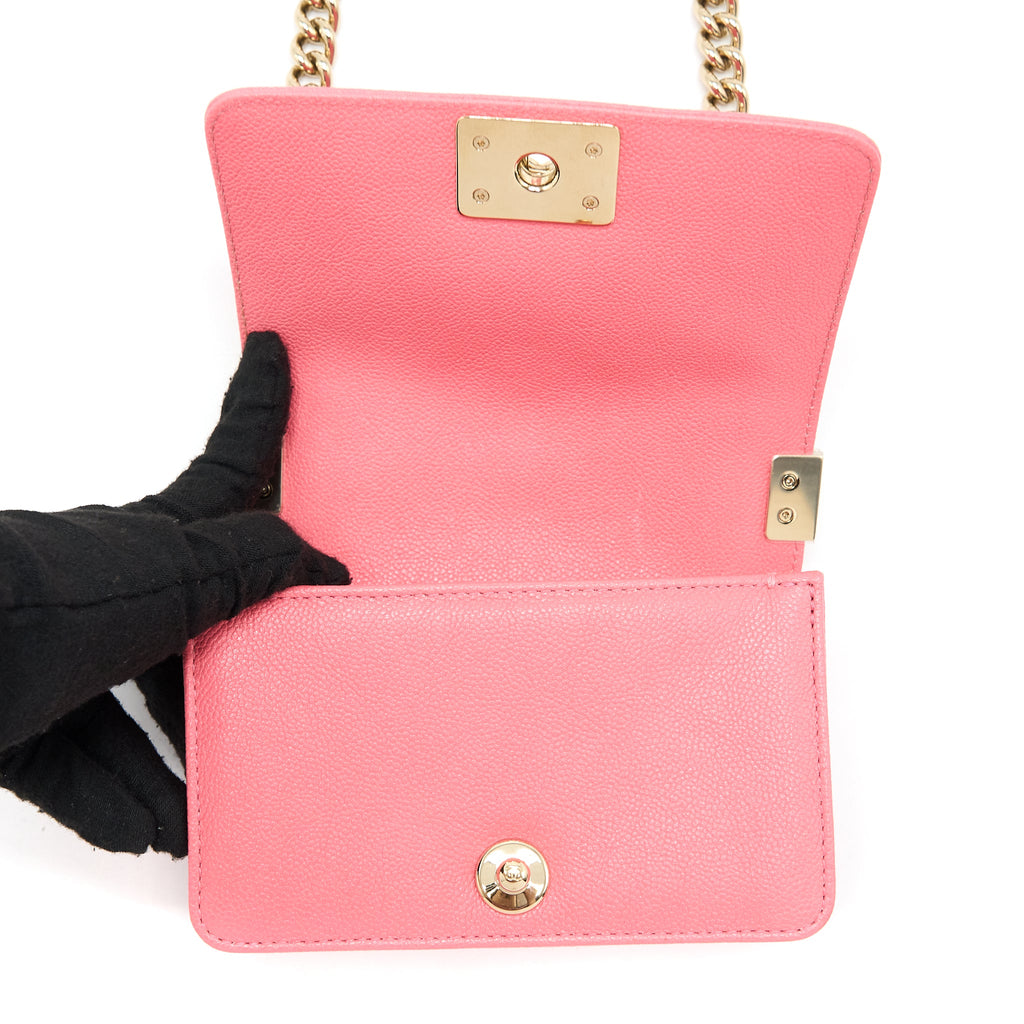 CHANEL SUPER MINI BOY BAG CHEVRON CAVIAR PINK LGHW (MICROCHIP)