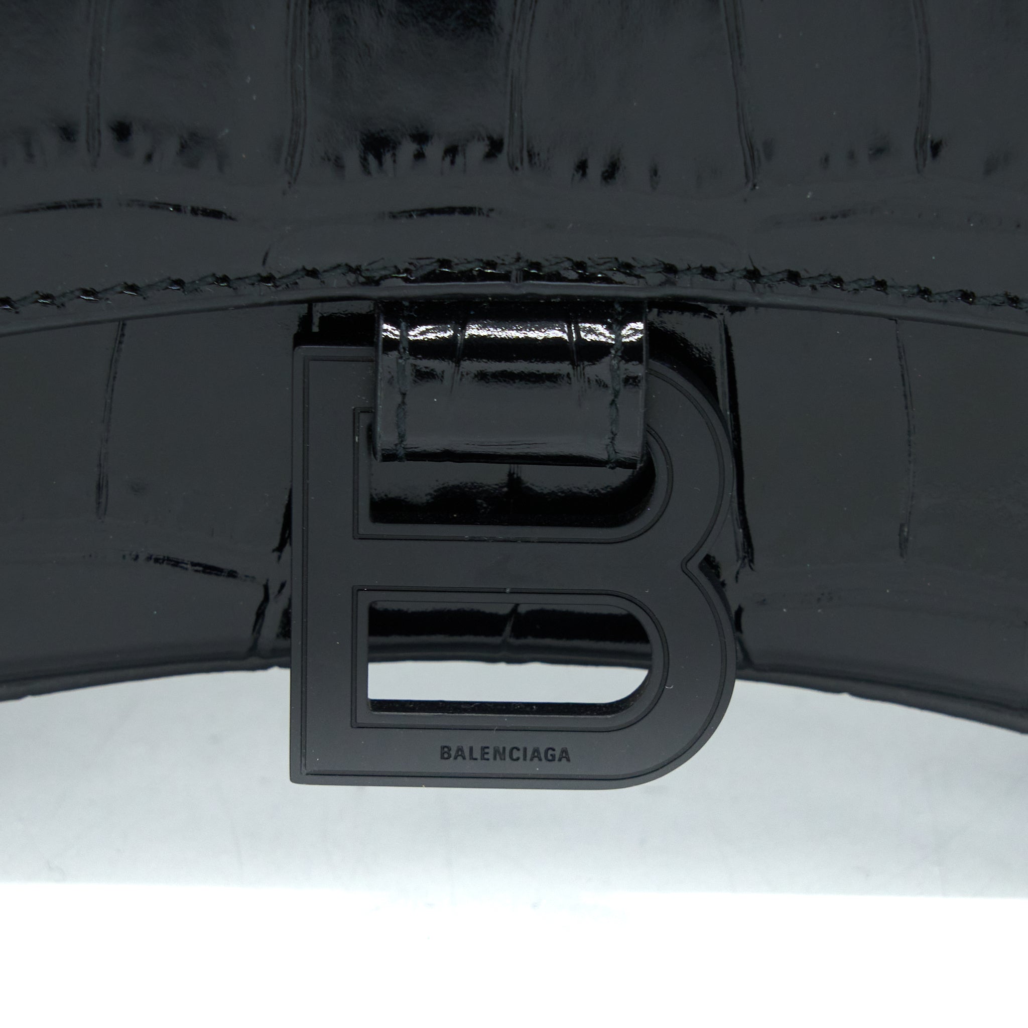 BALENCIAGA HOURGLASS XS CROC-EMBOSSED LEATHER BLACK WITH BLACK HARDWARE
