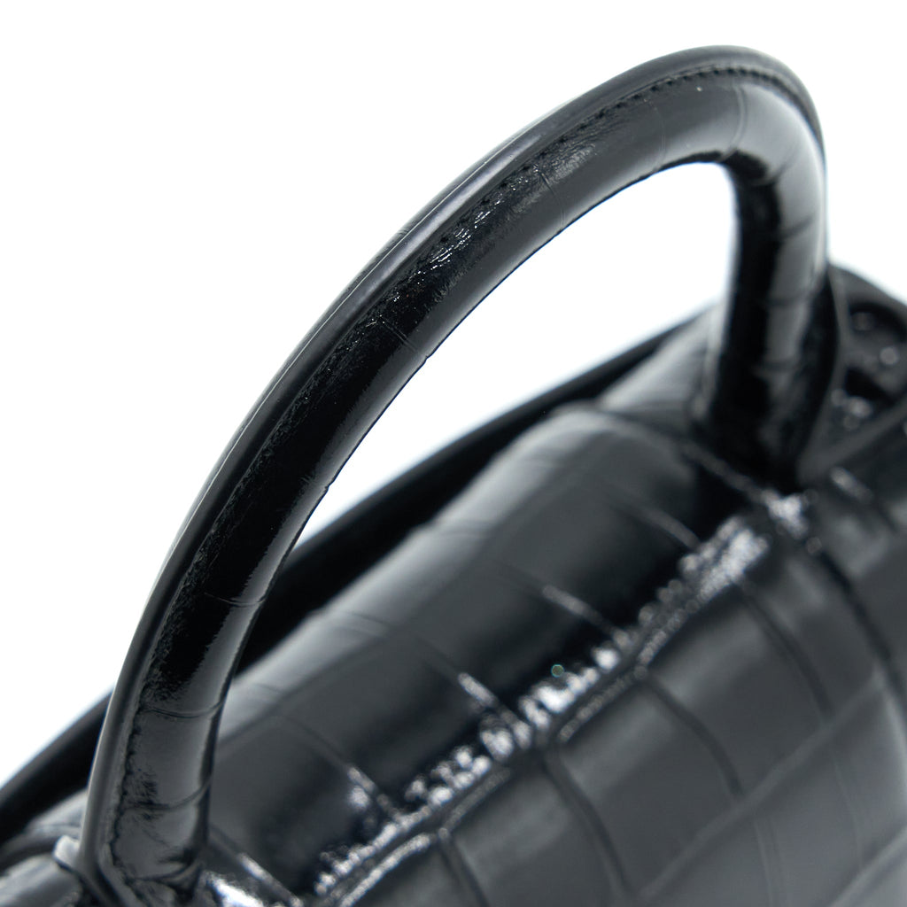 BALENCIAGA HOURGLASS XS CROC-EMBOSSED LEATHER BLACK WITH BLACK HARDWARE
