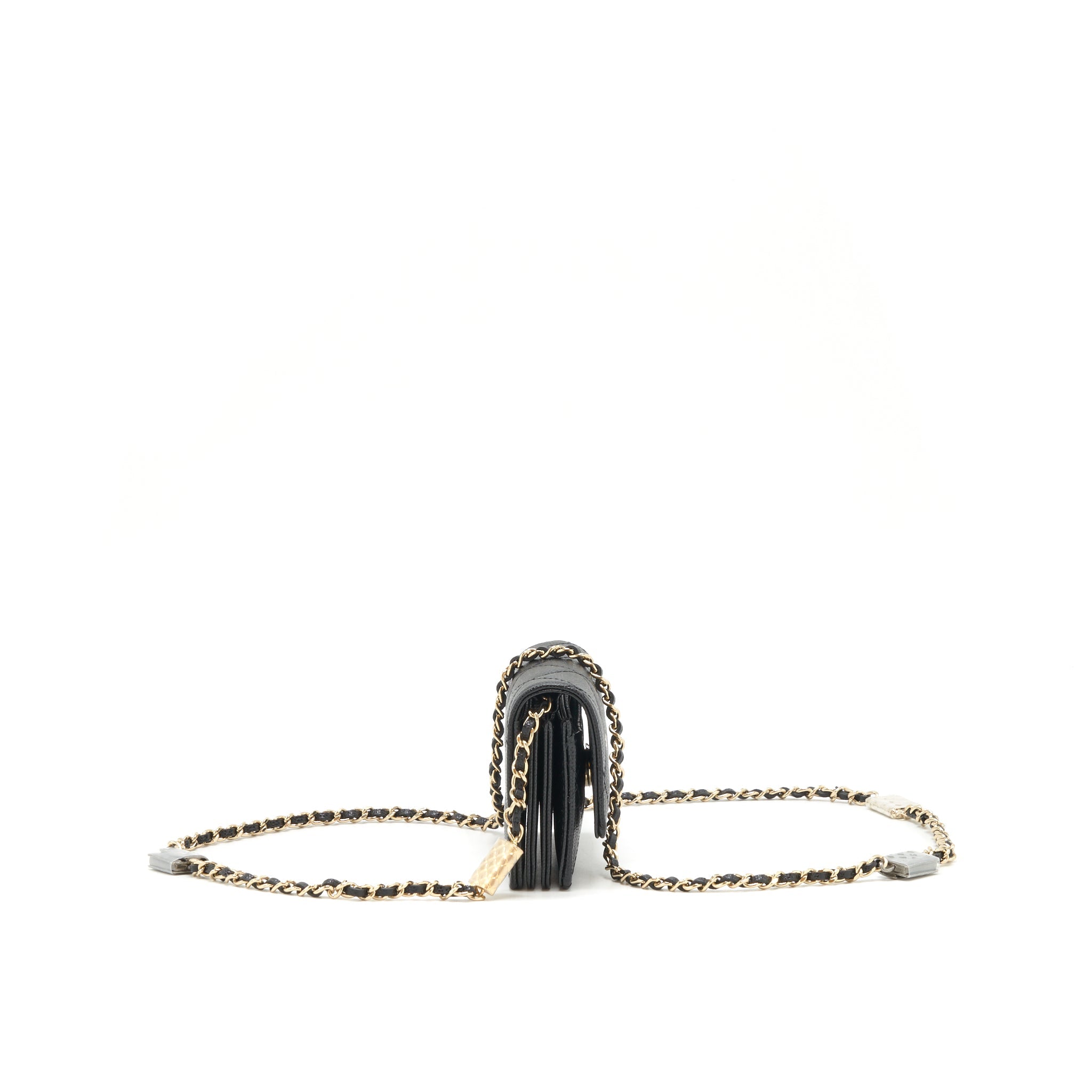 CHANEL CAVIAR CARD HOLER WITH CHAIN AND BAG CHARM BLACK LGHW