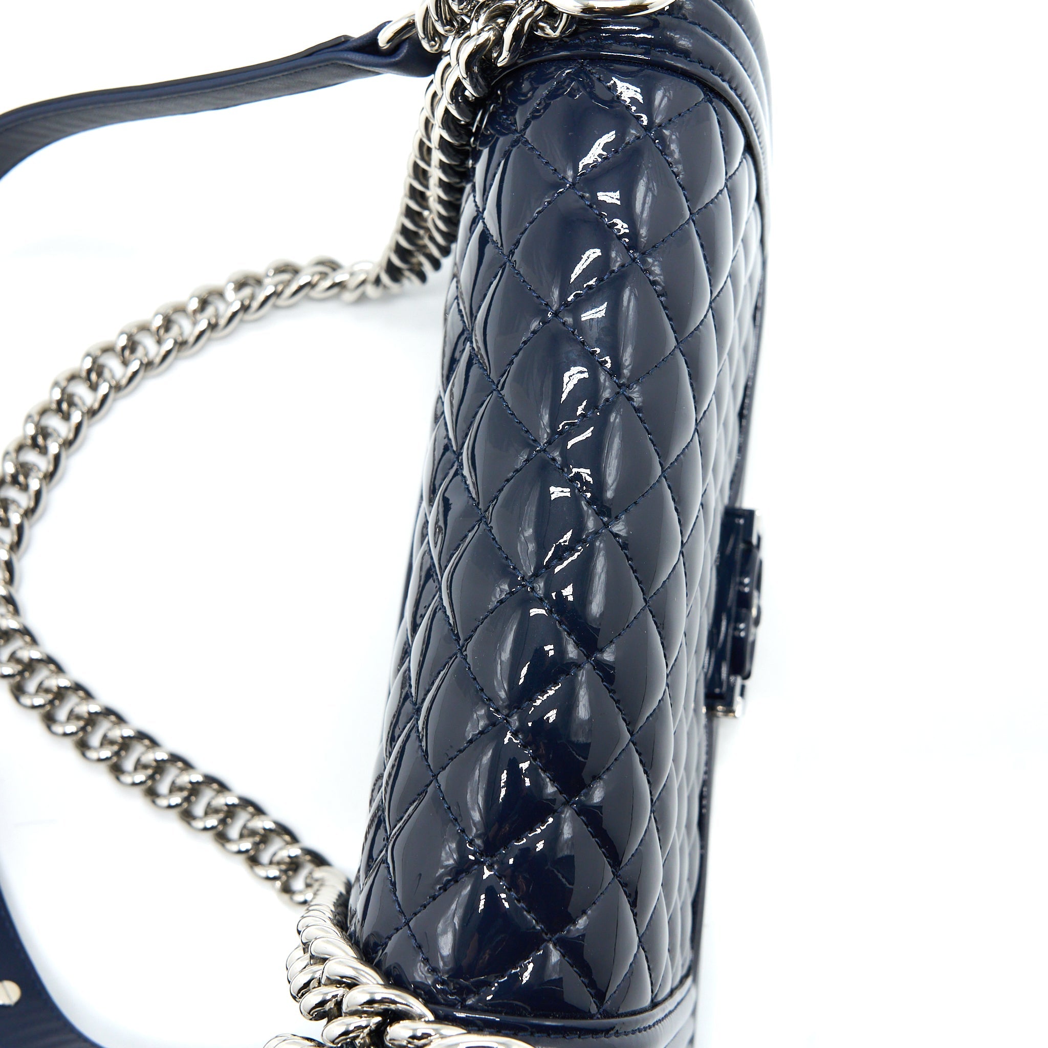 CHANEL MEDIUM BOY BAG PATENT NAVY SHW