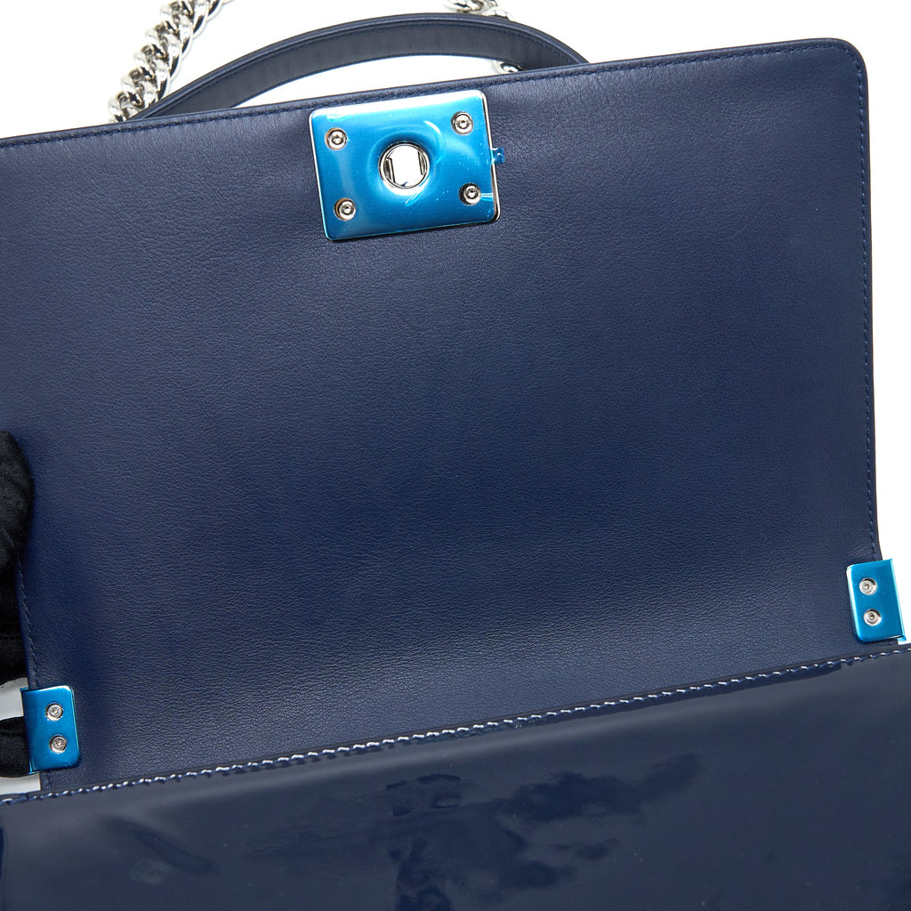 CHANEL MEDIUM BOY BAG PATENT NAVY SHW