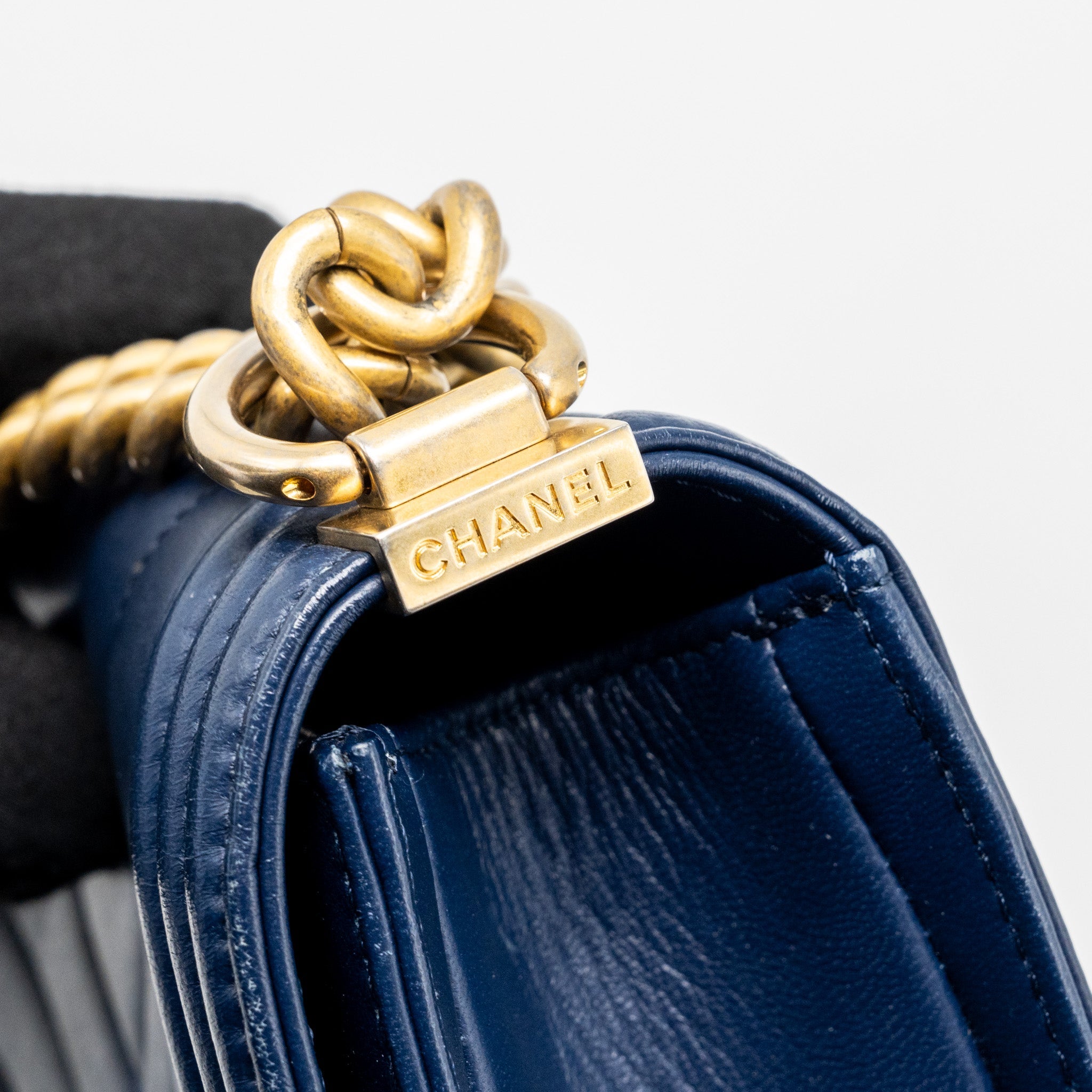 CHANEL SMALL CHEVRON BOY BAG LAMBSKIN NAVY GHW
