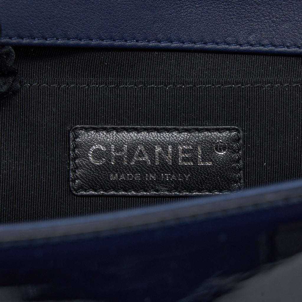 CHANEL MEDIUM BOY BAG PATENT NAVY SHW