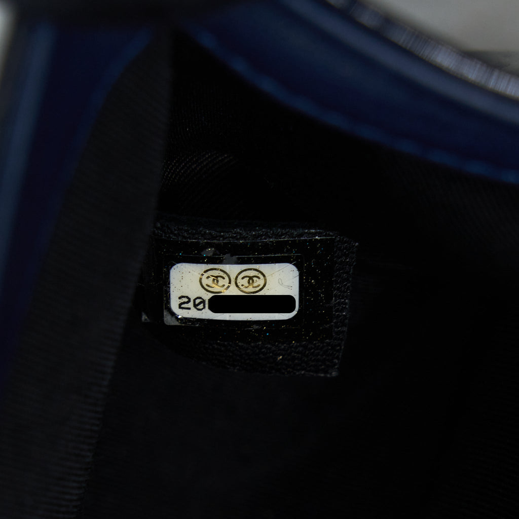 CHANEL MEDIUM BOY BAG PATENT NAVY SHW