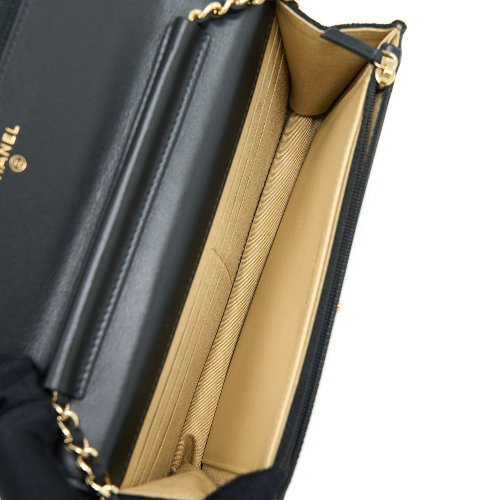 CHANEL VELVET PEARL CRUSH WALLET ON CHAIN BLACK LGHW
