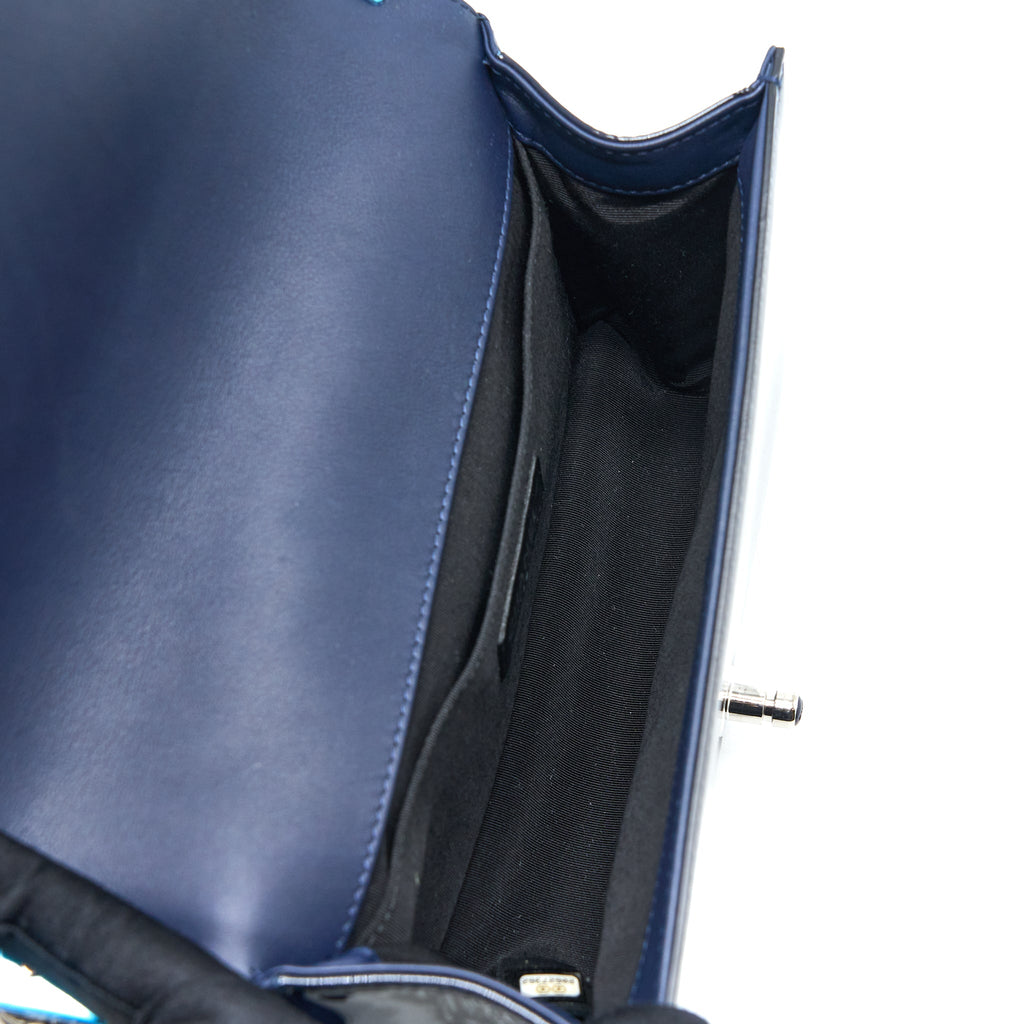 CHANEL MEDIUM BOY BAG PATENT NAVY SHW