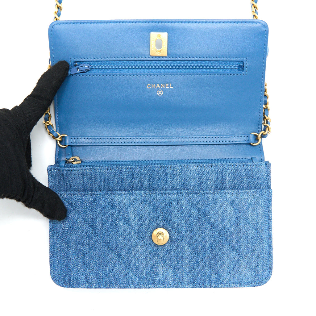 CHANEL PEARL CRUSH WALLET ON CHAIN DENIM GHW (MICROCHIP)