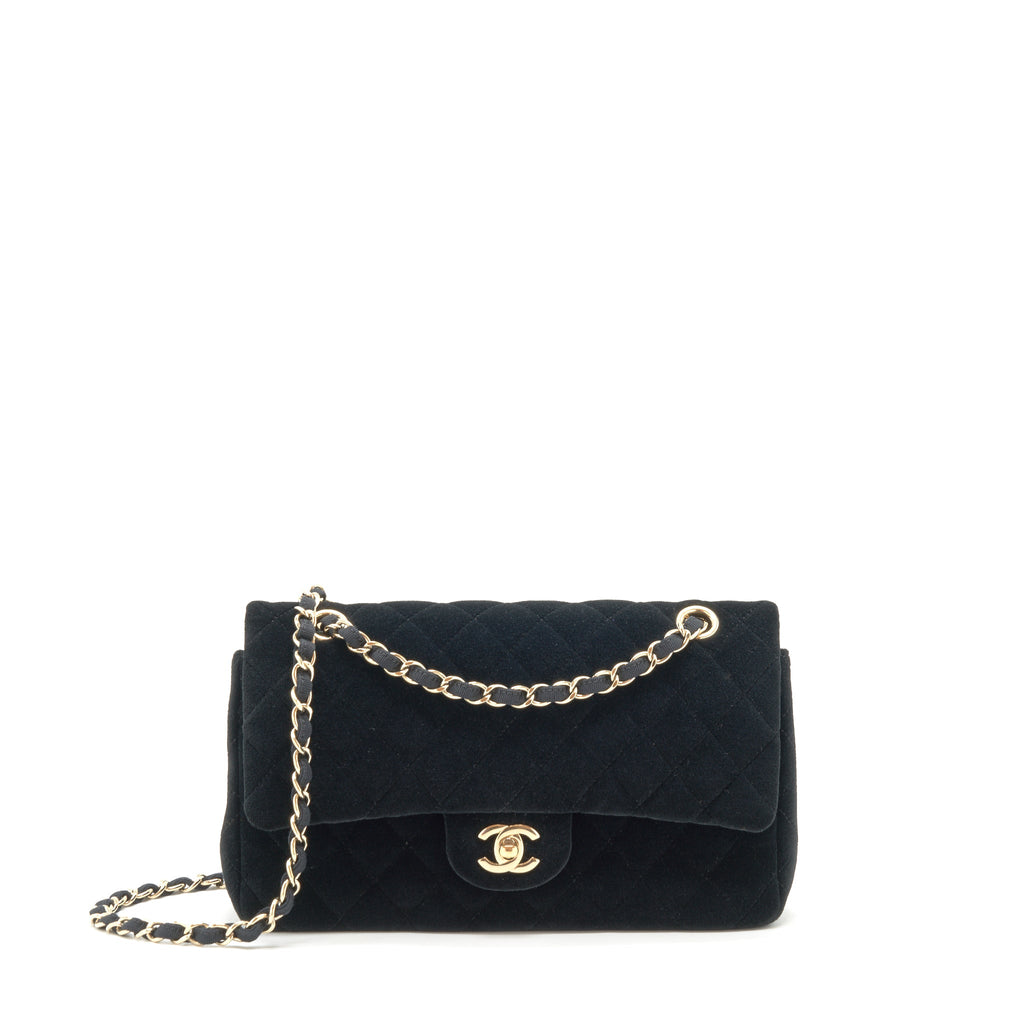 CHANEL VELVET MEDIUM CLASSIC DOUBLE FLAP BAG VELVET BLACK LGHW