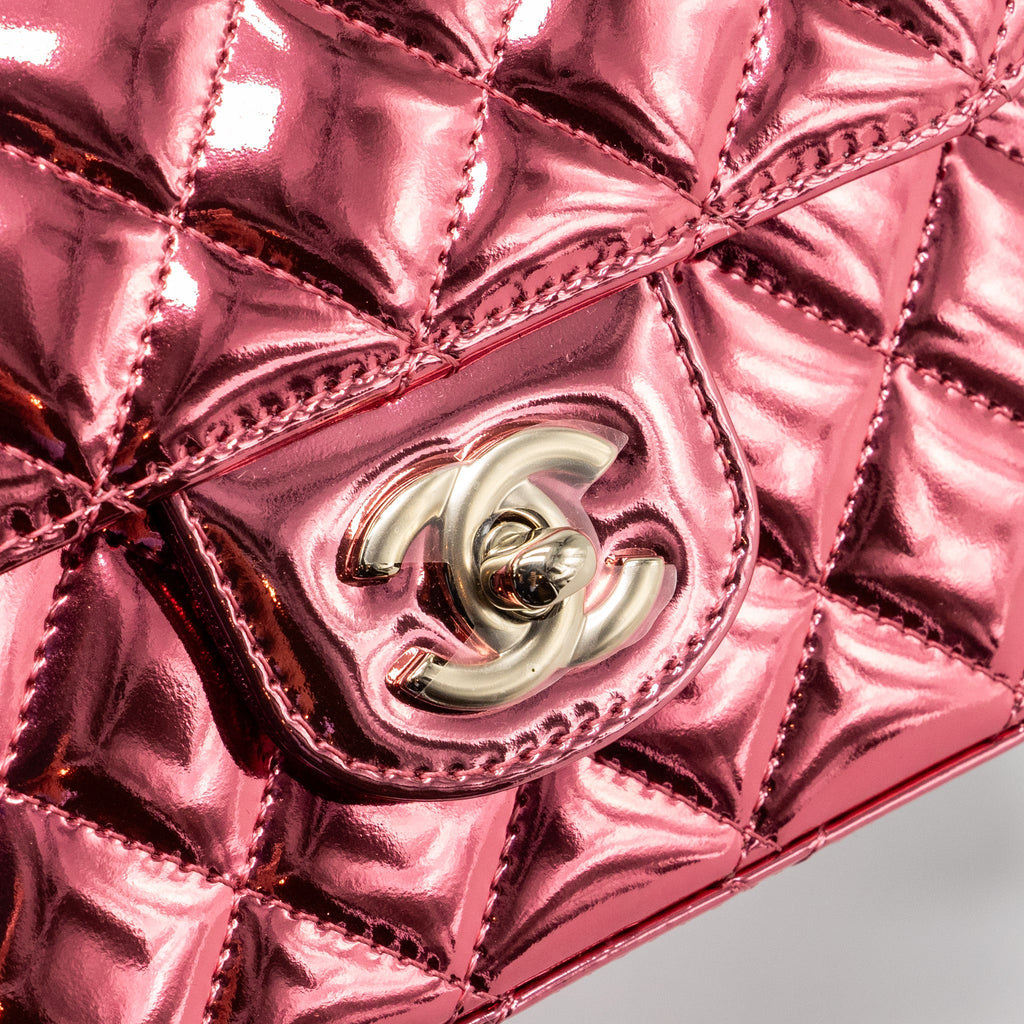 CHANEL 24C MINI FLAP BAG WITH STAR COIN PURSE PATENT/CALFSKIN METALLIC PINK LGHW (MICROCHIP)
