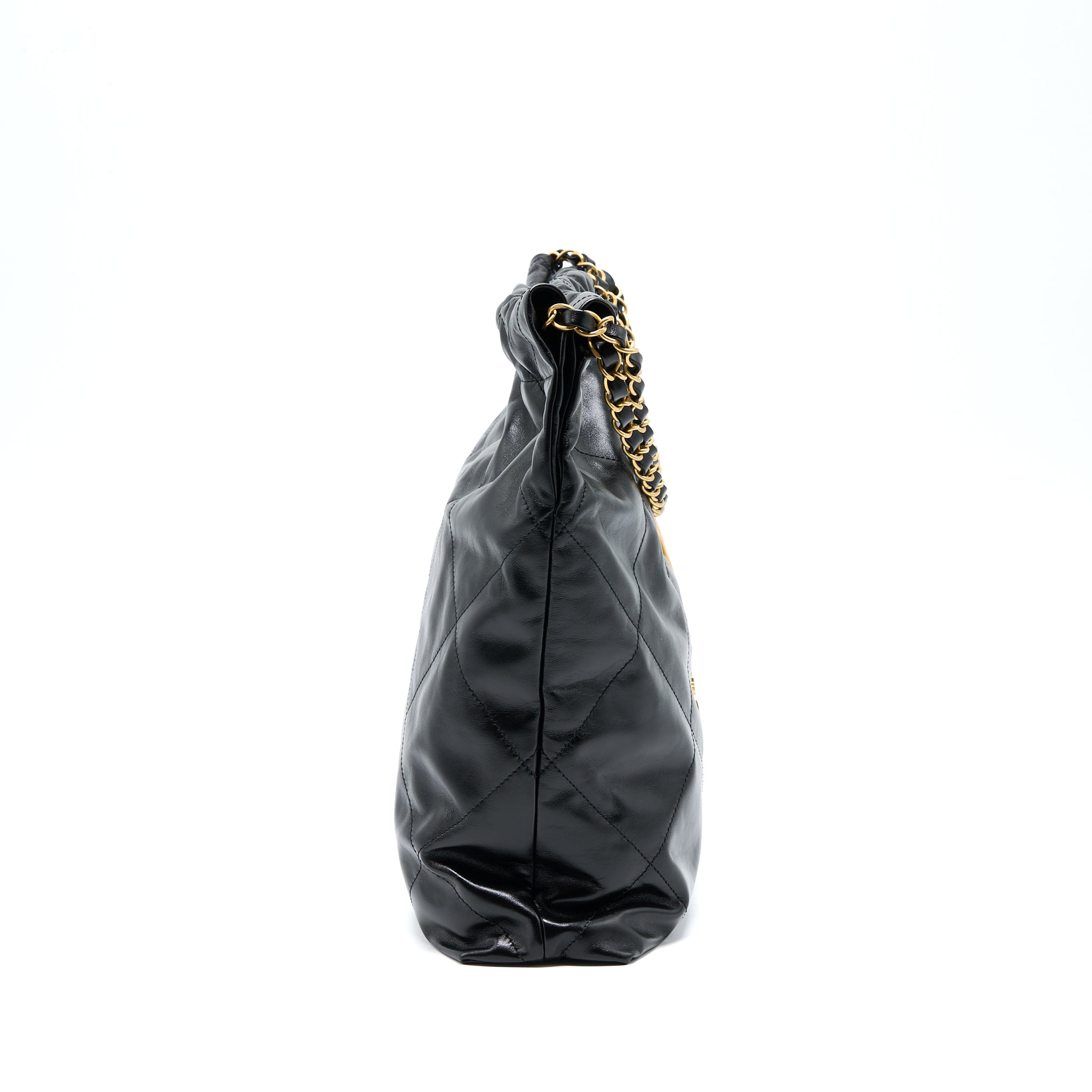 CHANEL 22 BAG MEDIUM SHINY CALFSKIN BLACK IN GOLD LETTER GHW (MICROCHIP)
