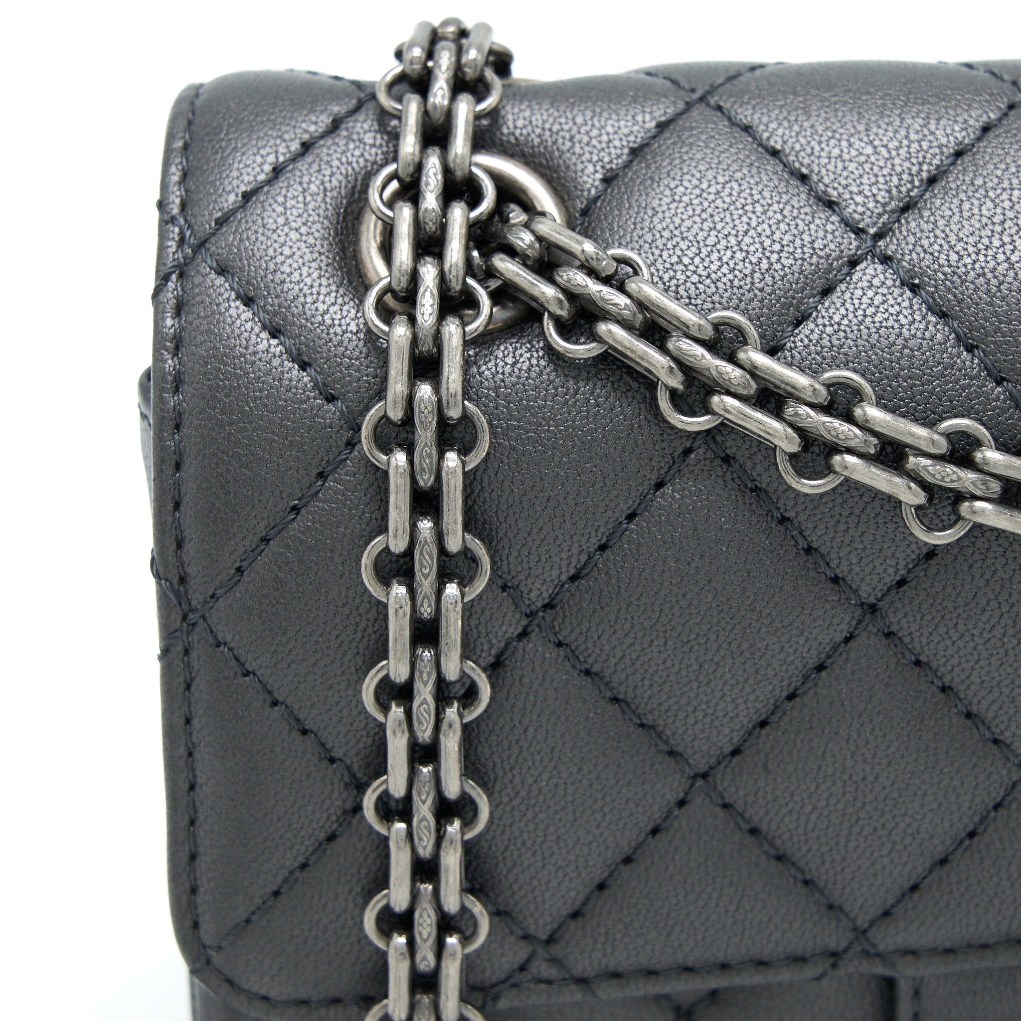 CHANEL MINI 2.55 REISSUE FLAP BAG GOATSKIN DARK GREY RUTHENIUM HARDWARE