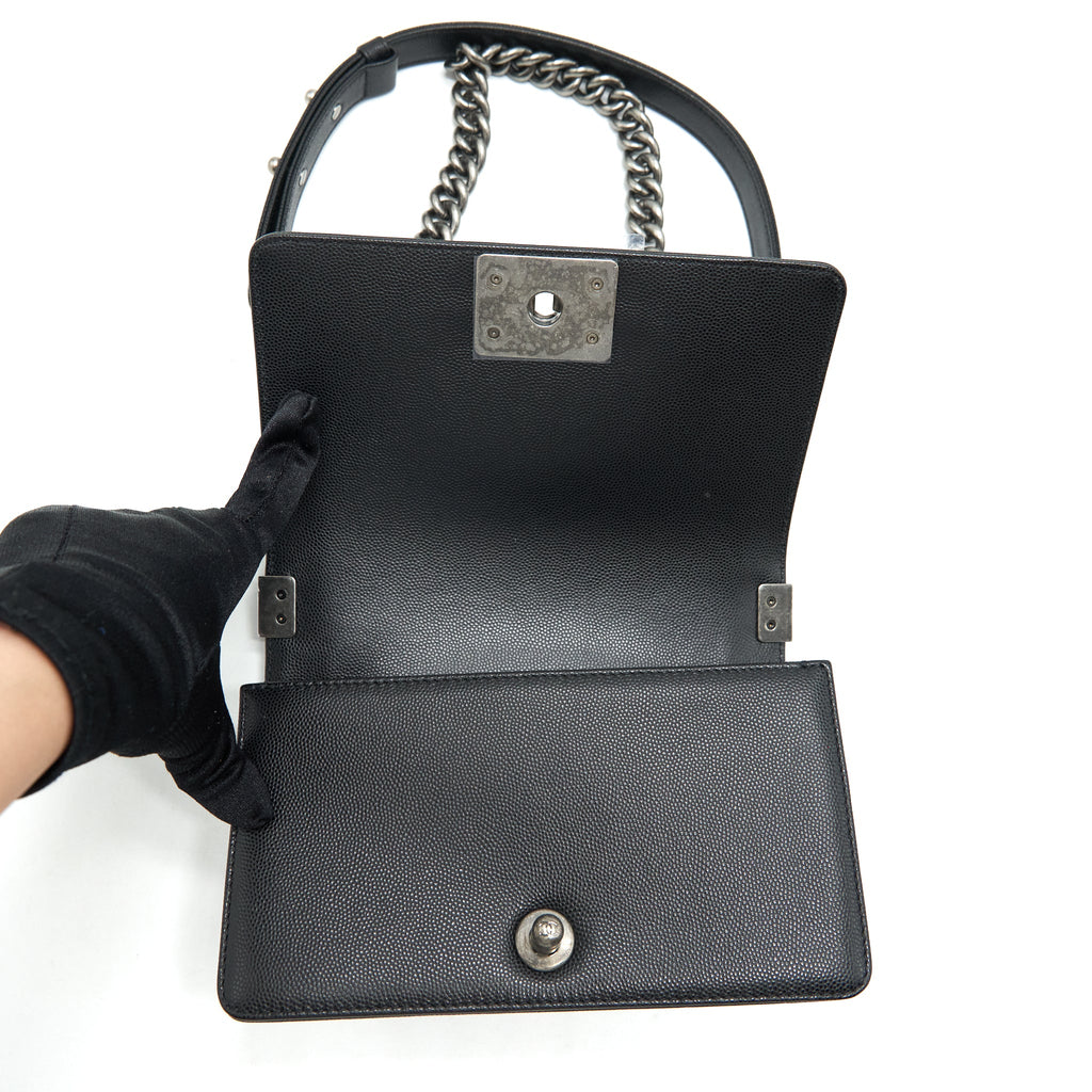 CHANEL SMALL BOY BAG CAVIAR BLACK RUTHENIUM HARDWARE (MICROCHIP)