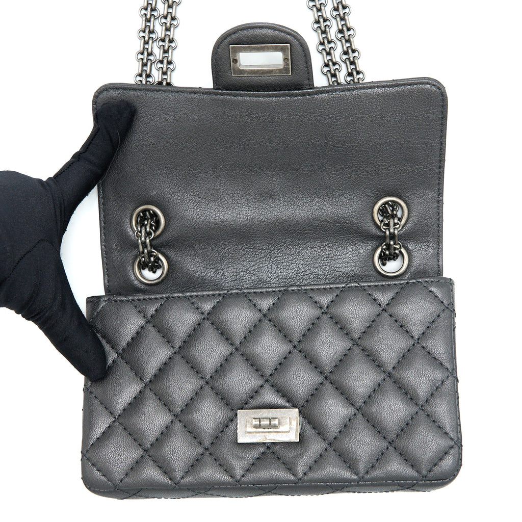 CHANEL MINI 2.55 REISSUE FLAP BAG GOATSKIN DARK GREY RUTHENIUM HARDWARE