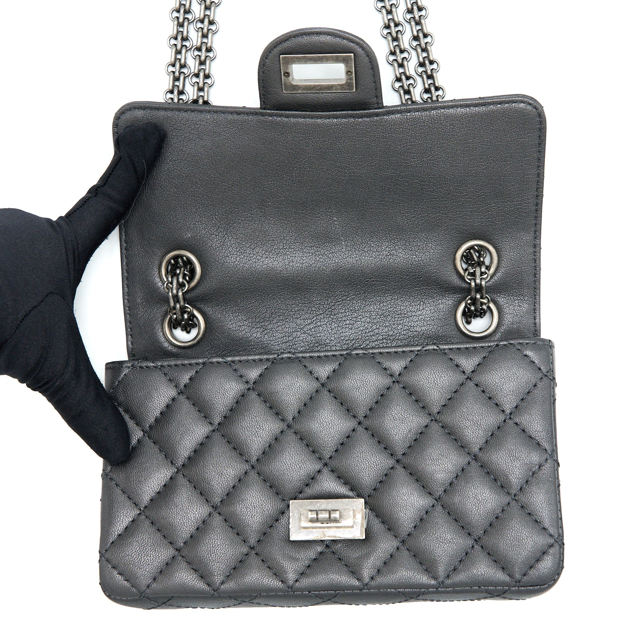 CHANEL MINI 2.55 REISSUE FLAP BAG GOATSKIN DARK GREY RUTHENIUM HARDWARE