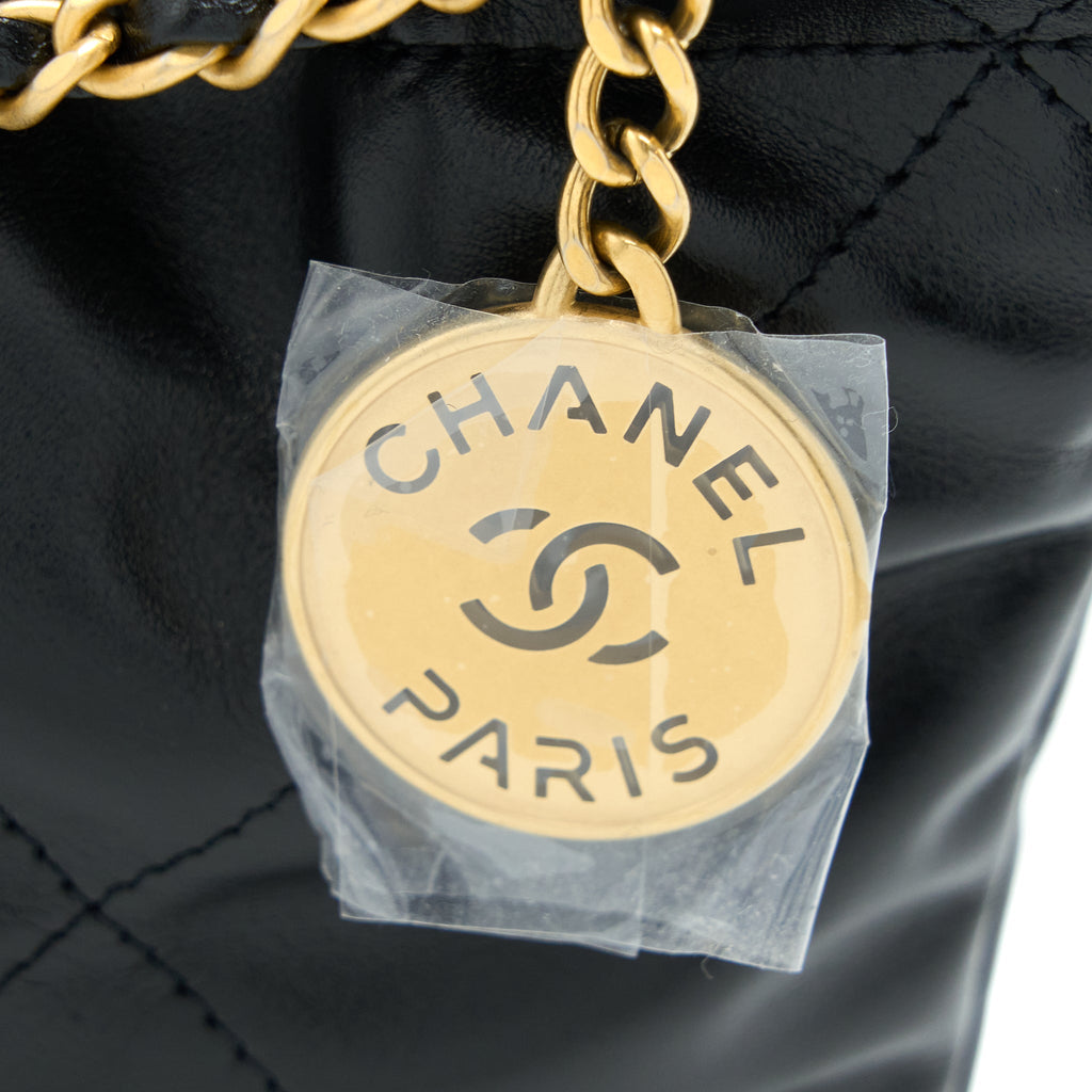 CHANEL 23S MINI 22 BAG SHINY CALFSKIN BLACK BRUSHED GHW(MICROCHIP)