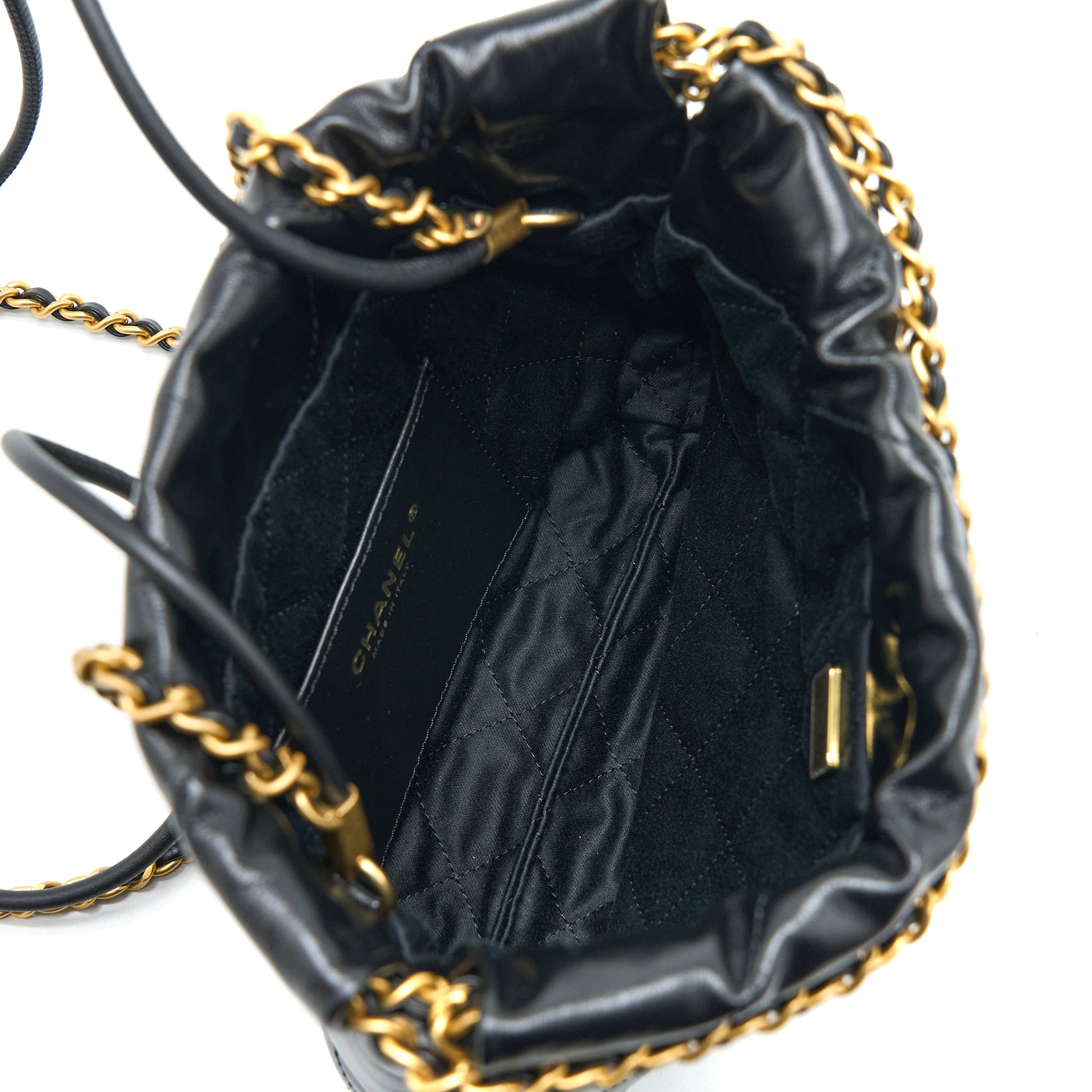 CHANEL 23S MINI 22 BAG SHINY CALFSKIN BLACK BRUSHED GHW(MICROCHIP)