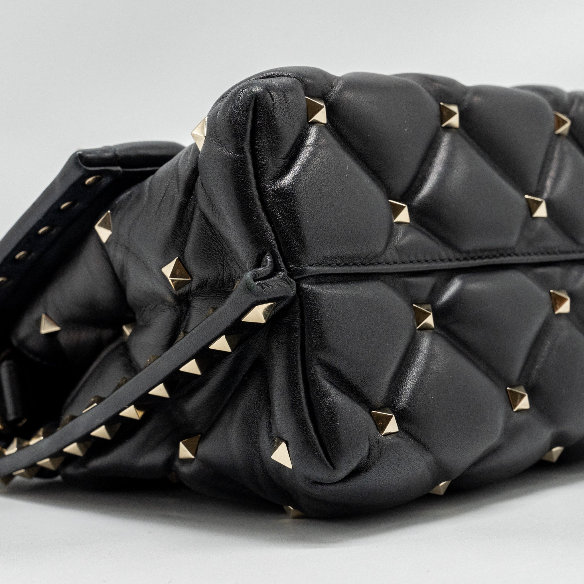 VALENTINO TOP HANDLE QUILTED CANDYSTUD FLAP BAG LAMBSKIN BLACK LGHW