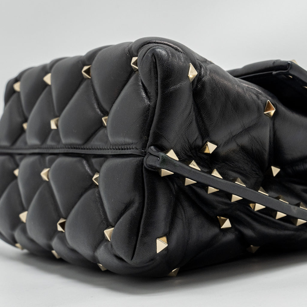 VALENTINO TOP HANDLE QUILTED CANDYSTUD FLAP BAG LAMBSKIN BLACK LGHW