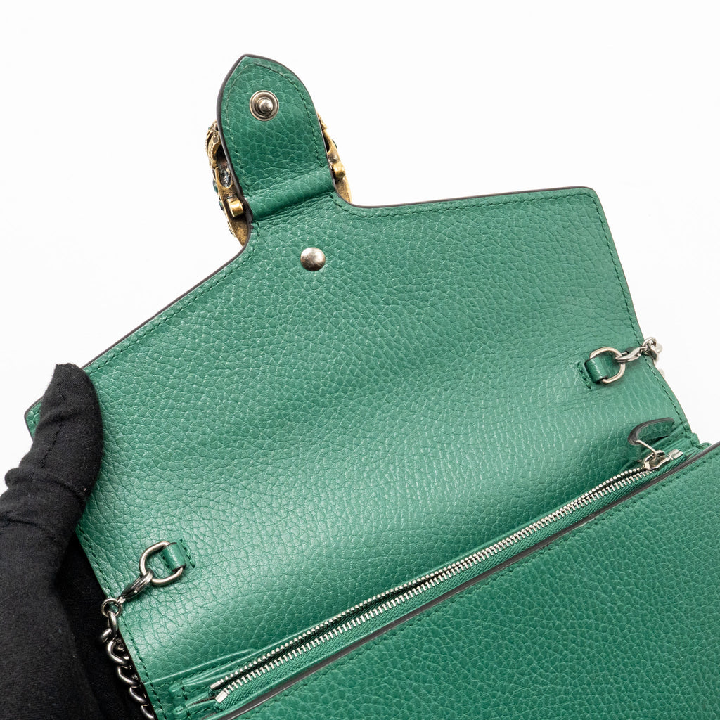 GUCCI MINI DIONYSUS WALLET ON CHAIN CALFSKIN GREEN MULTICOLOUR HARDWARE
