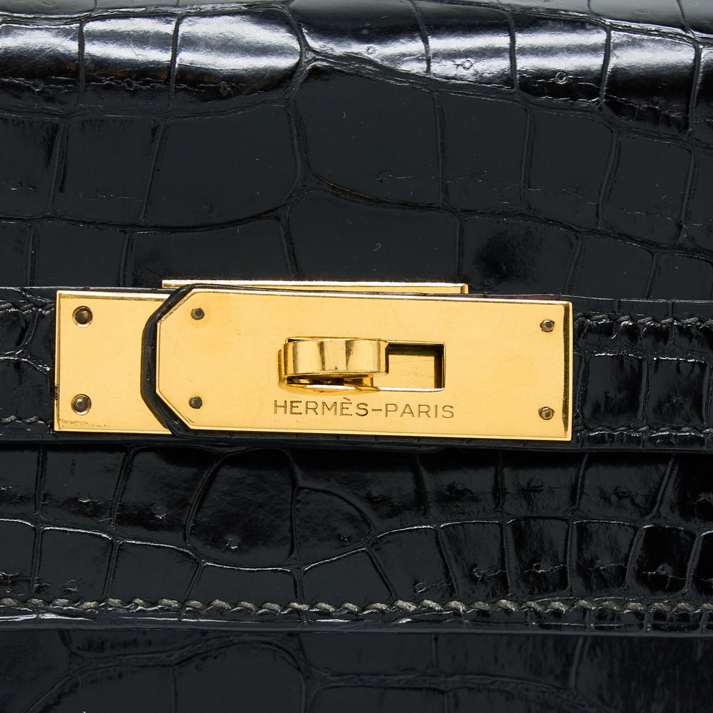HERMES VINTAGE KELLY 32 SHINY CROCODILE POROSUS BLACK GHW