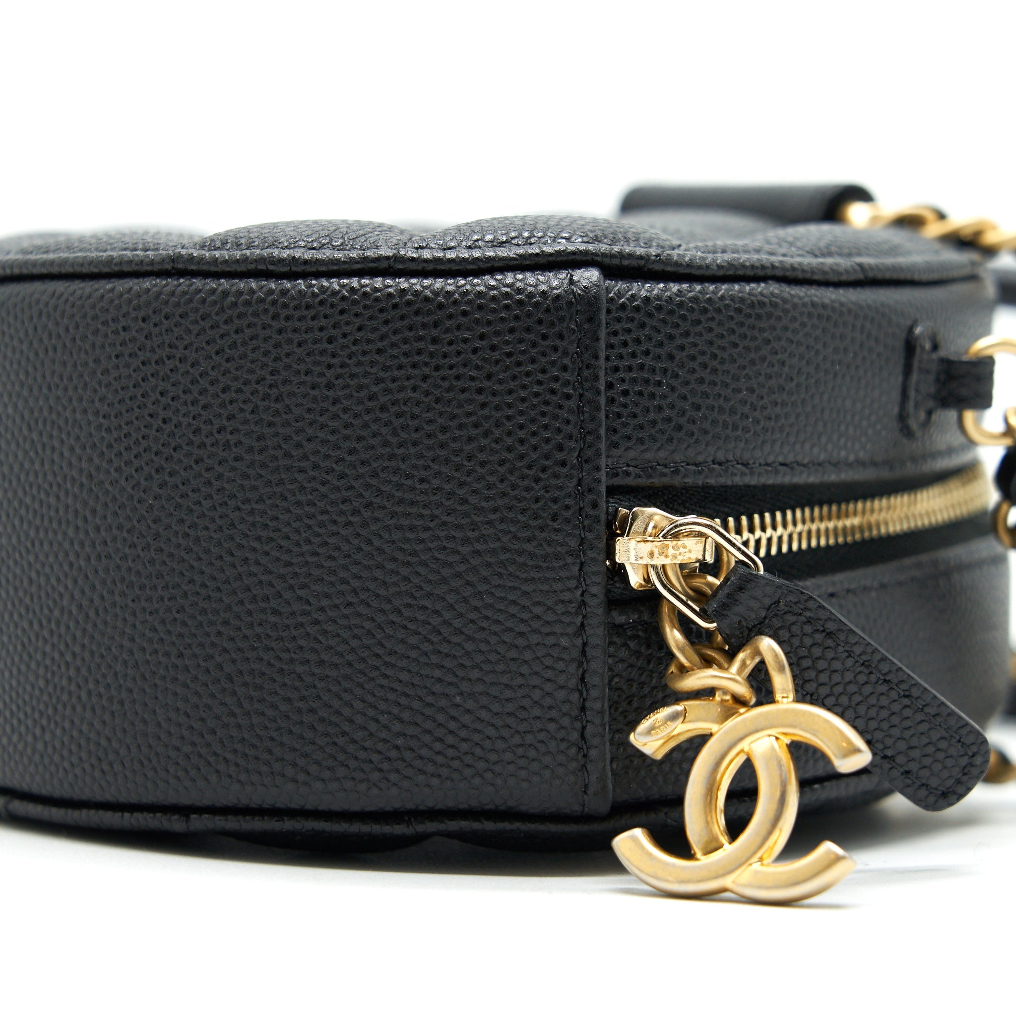 CHANEL TOP HANDLE CAVIAR ROUND CLUTCH WITH CHAIN BLACK GHW