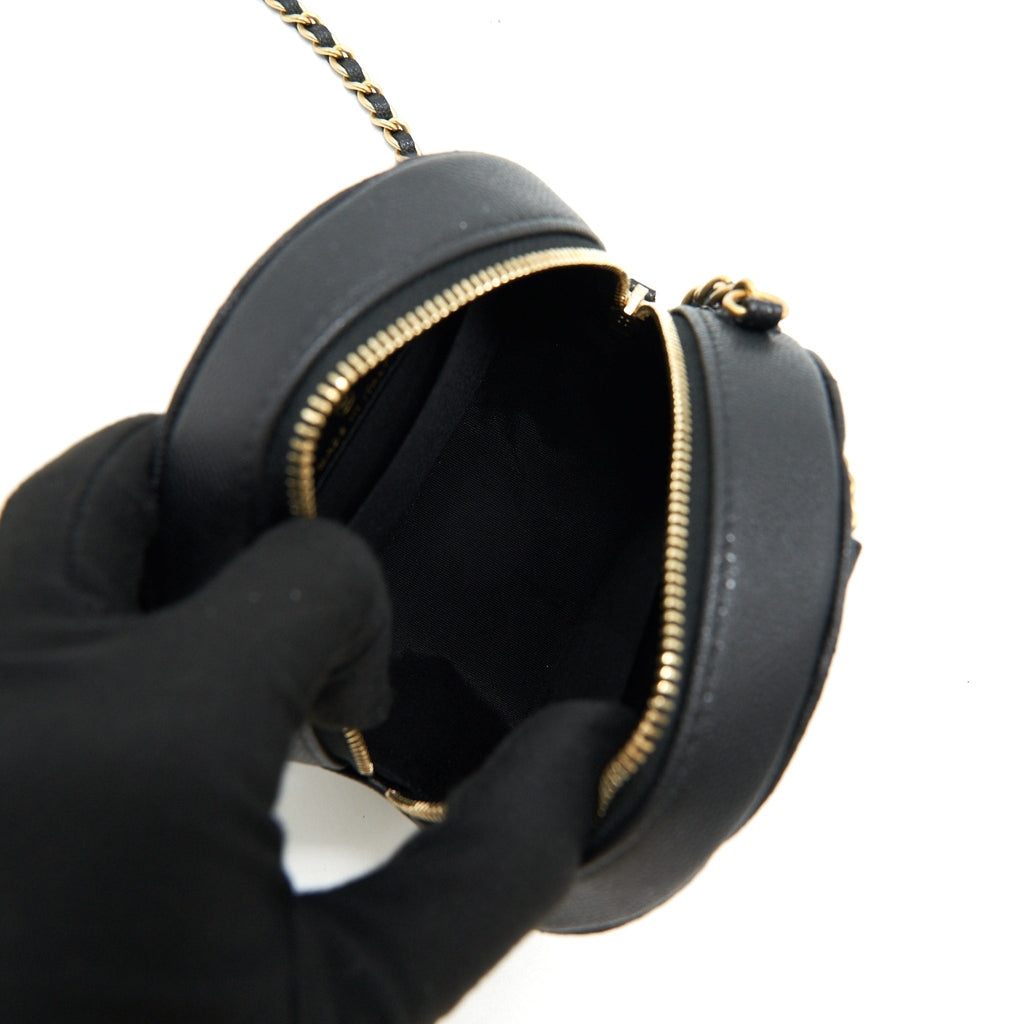 CHANEL TOP HANDLE CAVIAR ROUND CLUTCH WITH CHAIN BLACK GHW