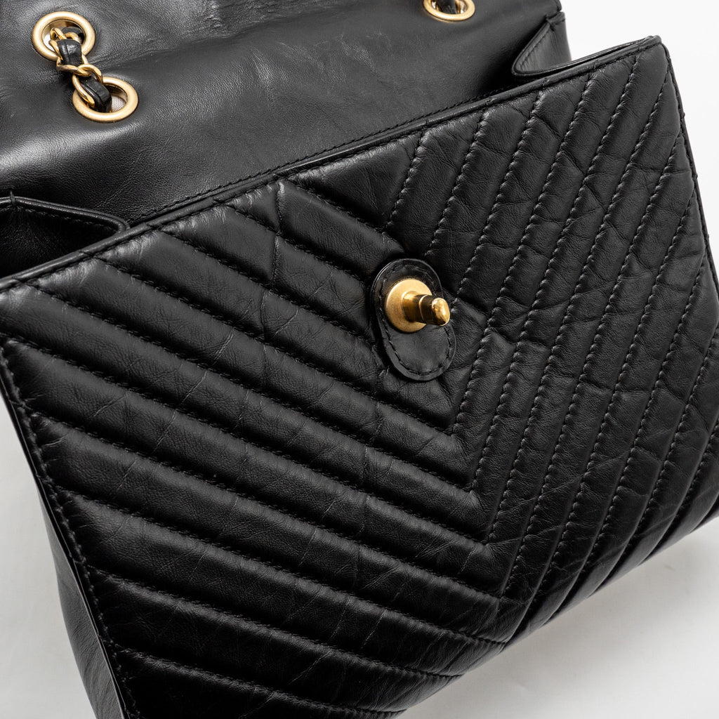 CHANEL CHEVRON FRAME QUILTED BACKPACK AGED CALFSKIN BLACK GHW