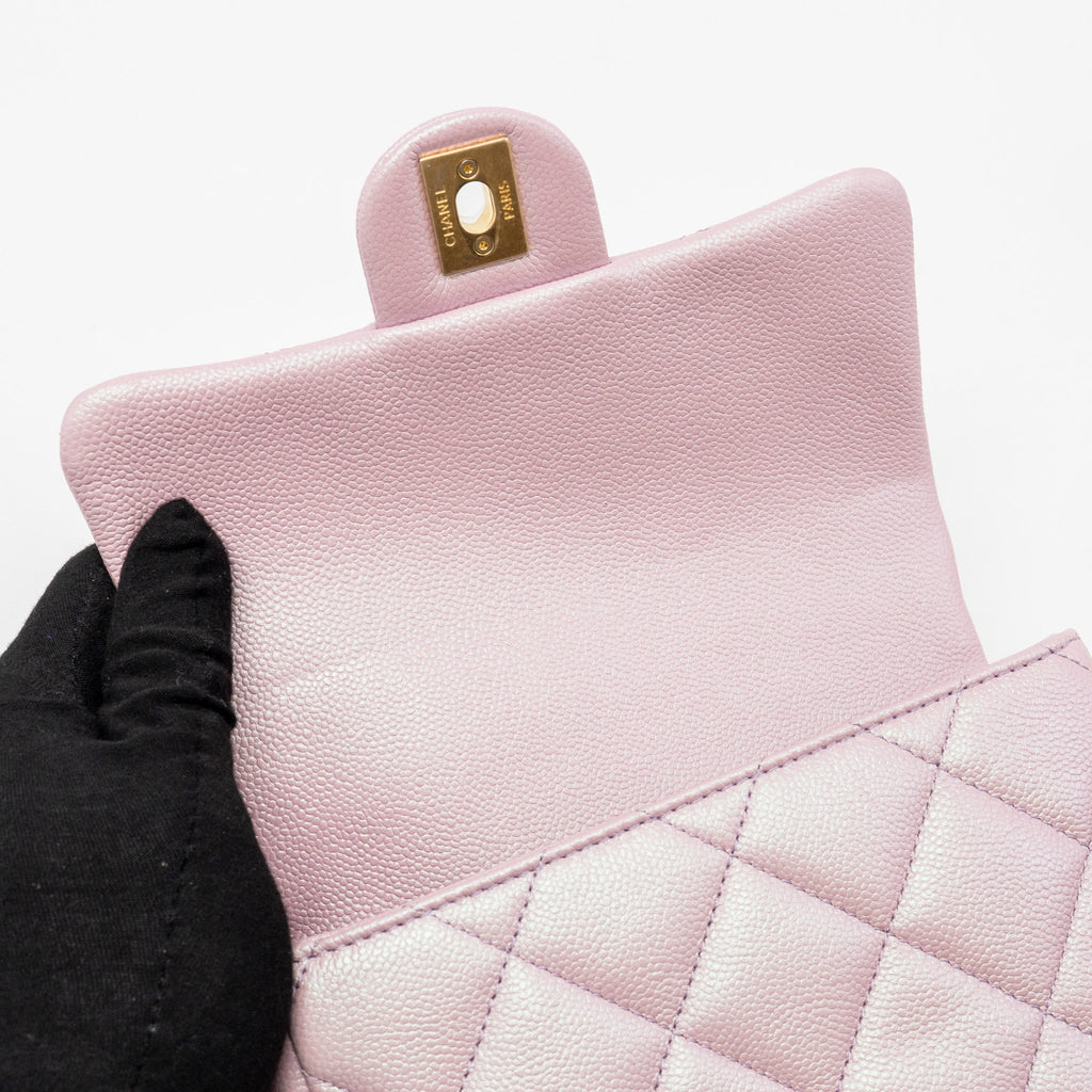 CHANEL 21K MY PERFECT MINI FLAP BAG CAVIAR IRIDESCENT PINK GHW (MICROCHIP)