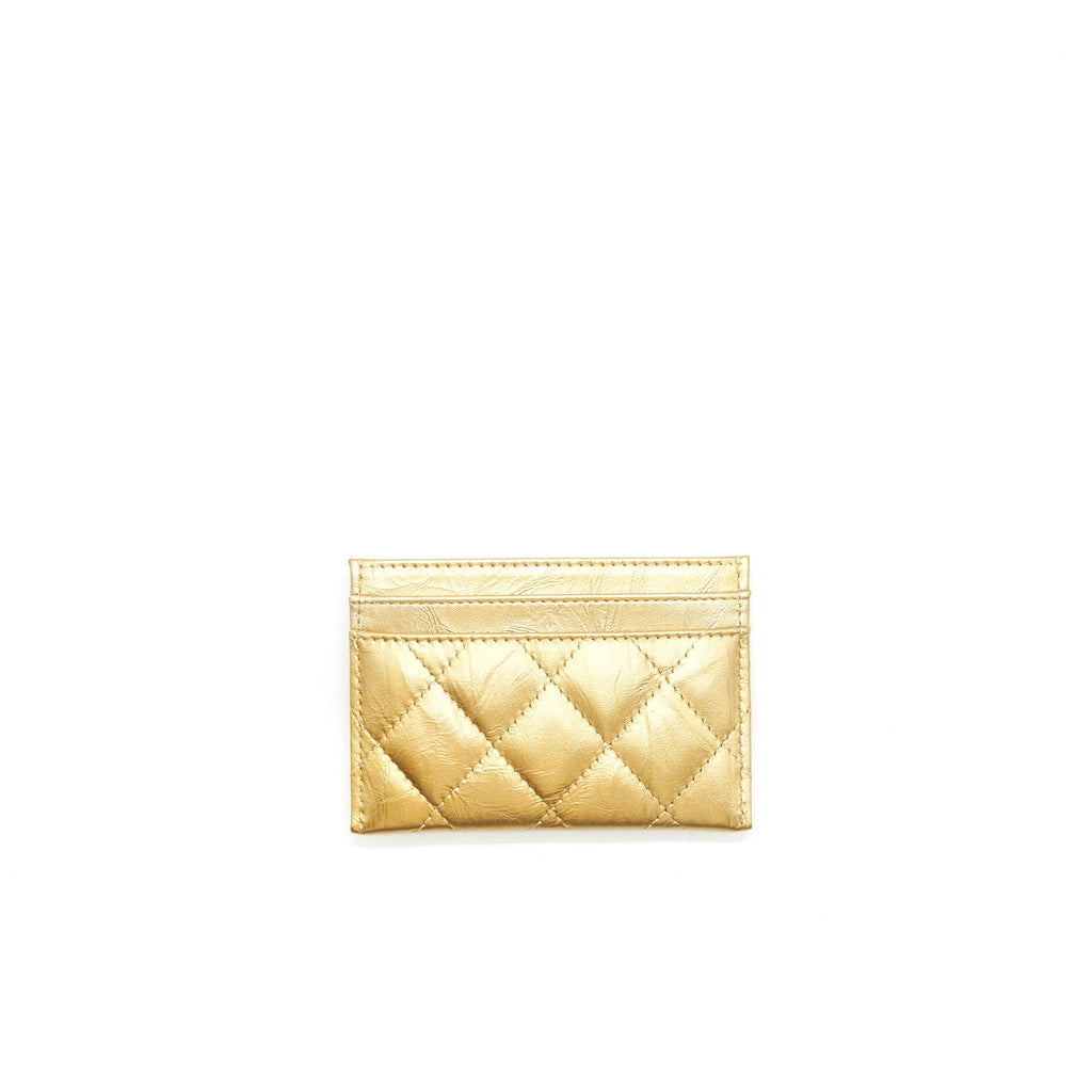 CHANEL QUILTED CARD HOLDER LAMBSKIN GOLD COLOUR WITH GOLD AND PEARL CC LOGO
