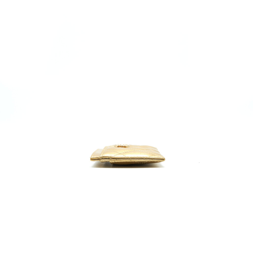 CHANEL QUILTED CARD HOLDER LAMBSKIN GOLD COLOUR WITH GOLD AND PEARL CC LOGO